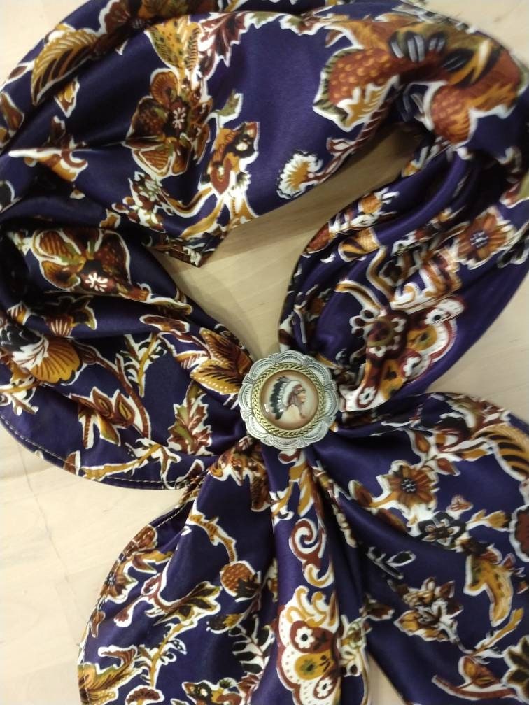 Wild Rag Deep Blue with golden vintage florals print Cowboy Western Neck Scarf Bandanna by Double B Wild Rags