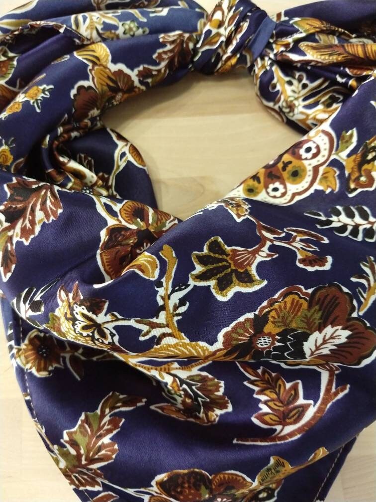 Wild Rag Deep Blue with golden vintage florals print Cowboy Western Neck Scarf Bandanna by Double B Wild Rags