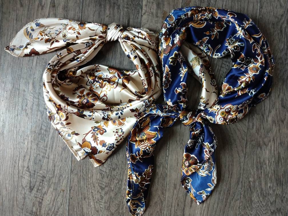 Wild Rag Deep Blue with golden vintage florals print Cowboy Western Neck Scarf Bandanna by Double B Wild Rags