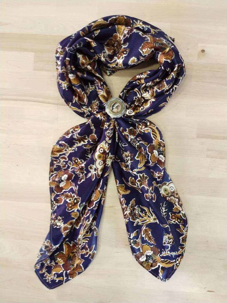 Wild Rag Deep Blue with golden vintage florals print Cowboy Western Neck Scarf Bandanna by Double B Wild Rags