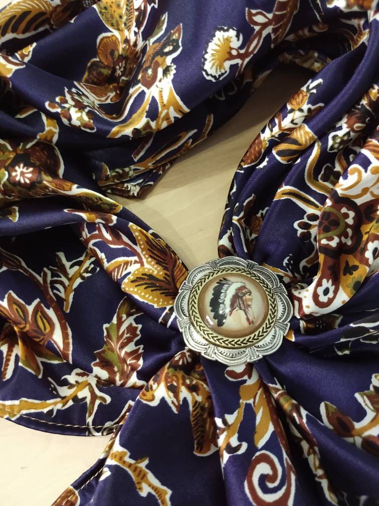 Wild Rag Deep Blue with golden vintage florals print Cowboy Western Neck Scarf Bandanna by Double B Wild Rags