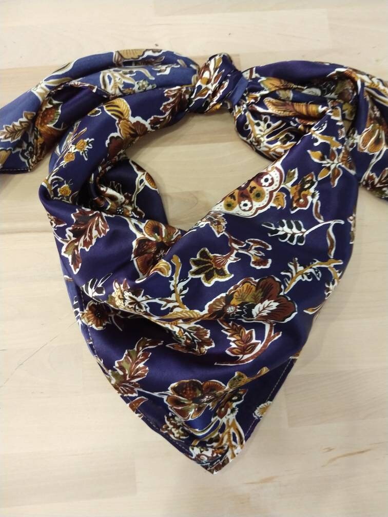 Wild Rag Deep Blue with golden vintage florals print Cowboy Western Neck Scarf Bandanna by Double B Wild Rags