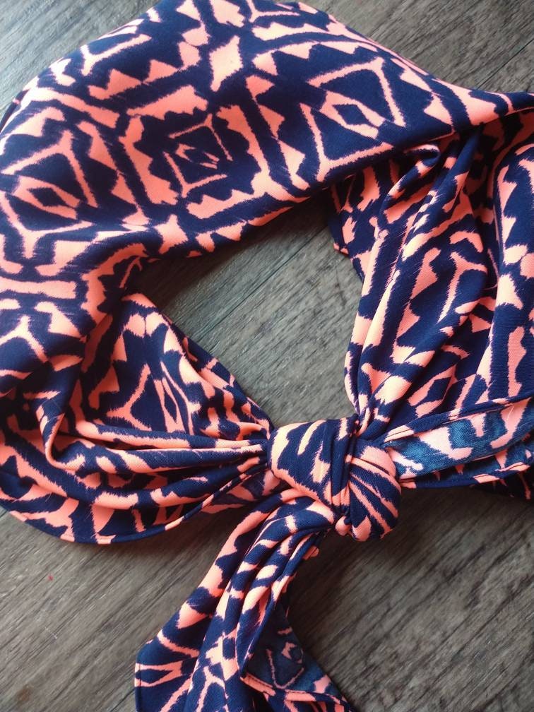 Wild Rag Bright Coral orange/pink and navy blue Southwest Aztec Print Cowboy Western Neck Scarf by Double B Wild Rags