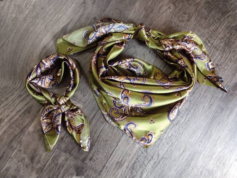 Wild Rag Olive Green with Blue and Gold Paisley Print Western Cowboy Neck Scarf Bandana by Double B Wild Rags