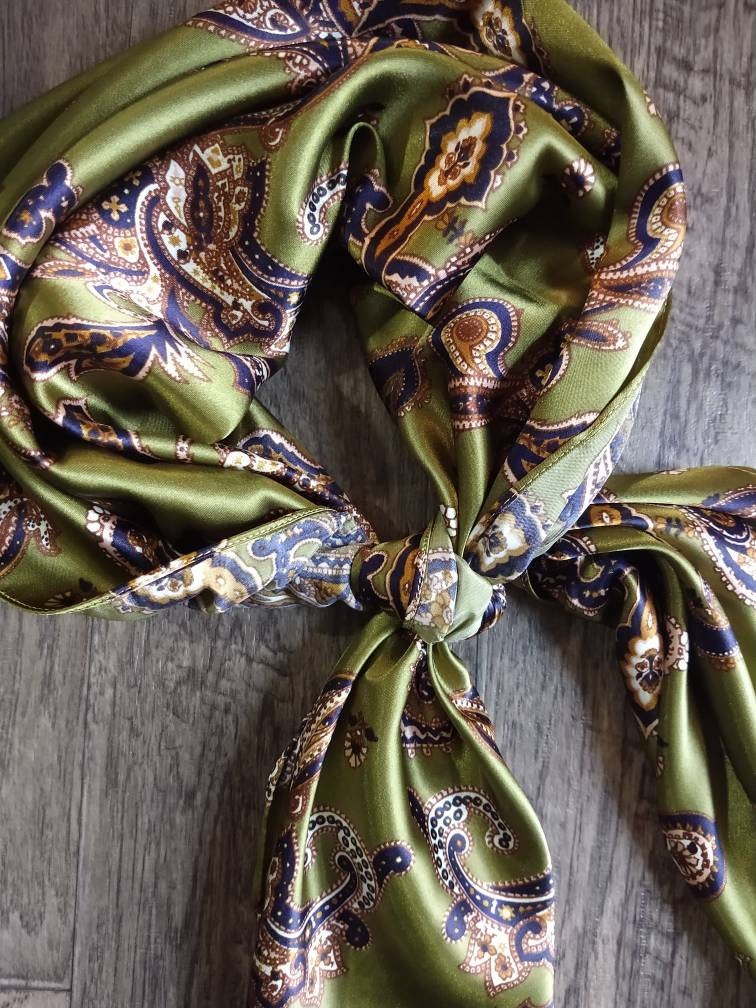 Wild Rag Olive Green with Blue and Gold Paisley Print Western Cowboy Neck Scarf Bandana by Double B Wild Rags