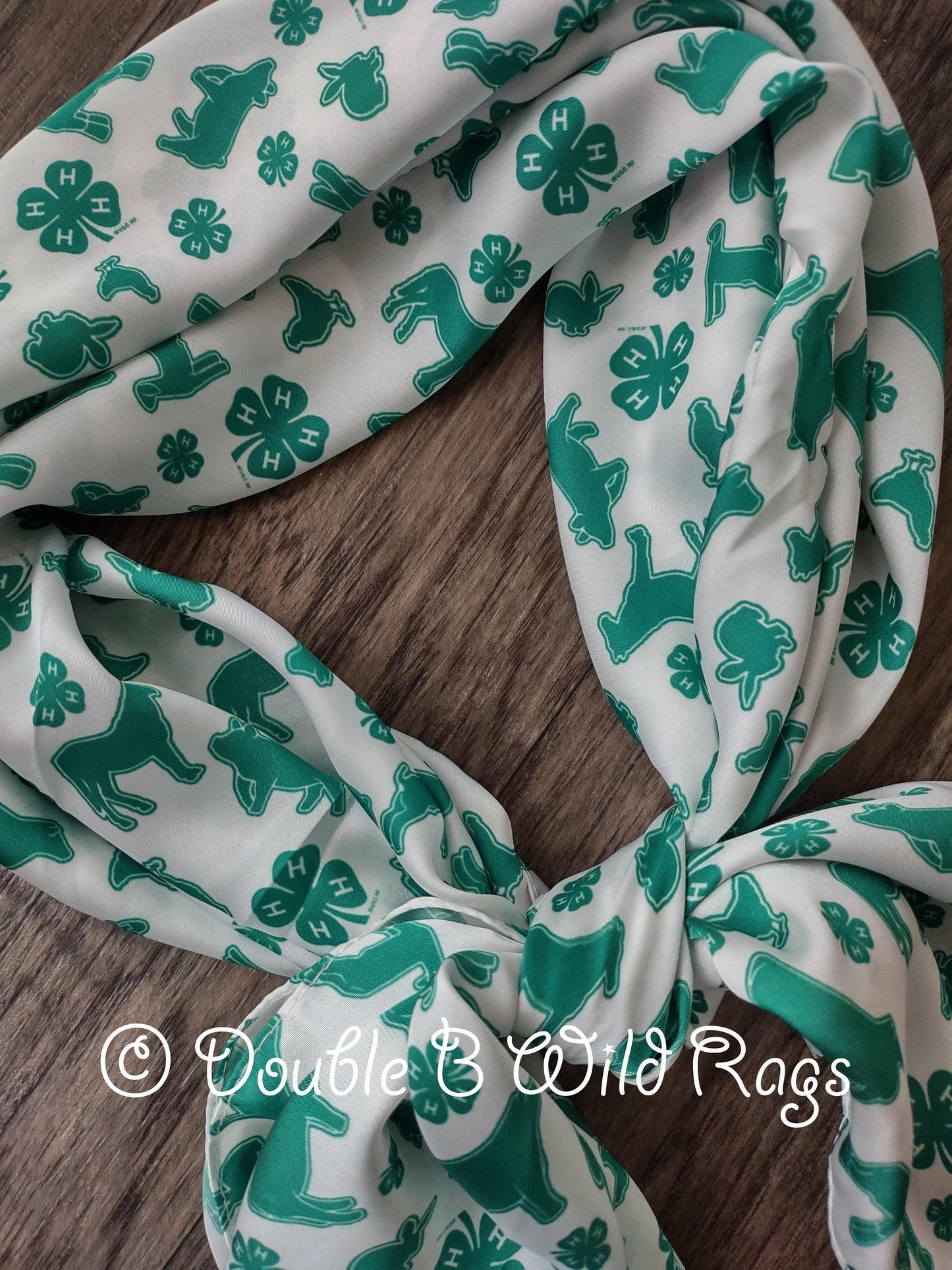 WILD RAG 4-H White with Green show animals and clover emblem Cowboy Western Neck Scarf Bandanna by Double B Wild Rags 4H