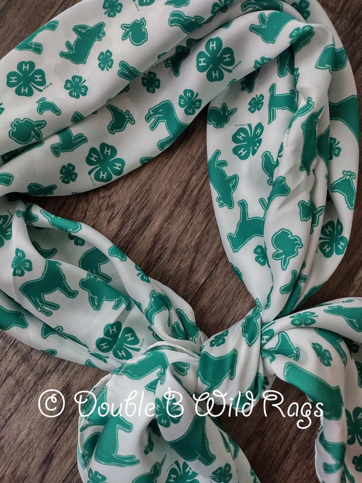 WILD RAG 4-H White with Green show animals and clover emblem Cowboy Western Neck Scarf Bandanna by Double B Wild Rags 4H