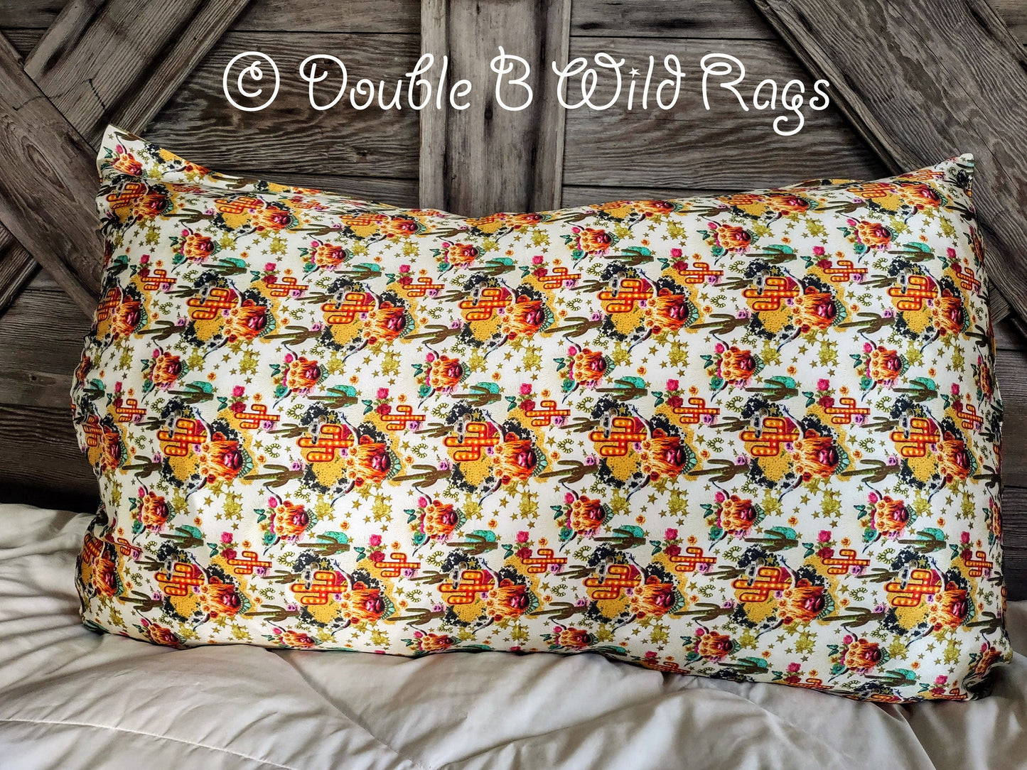 100% SILK PILLOWCASE Queen Western Style Cattle Brands Aztec Highland Cow Turquoise Gemstone by Double B Wild Rags