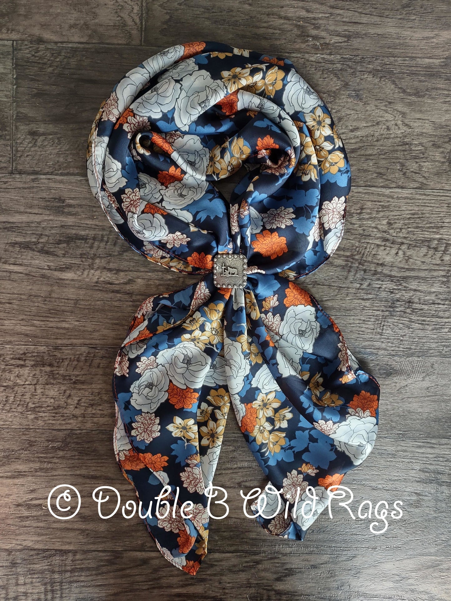 Wild Rag FLORAL 705 Dark Rust Orange and Navy Blue Floral Cowboy Western Neck Scarf Bandanna by Double B Wild Rags