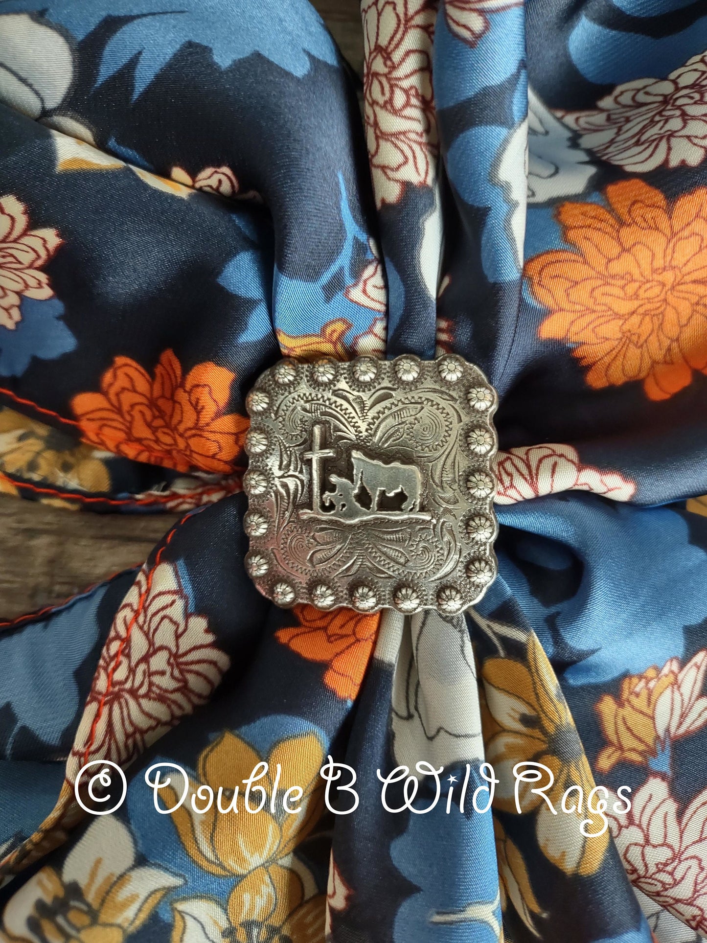 Wild Rag FLORAL 705 Dark Rust Orange and Navy Blue Floral Cowboy Western Neck Scarf Bandanna by Double B Wild Rags