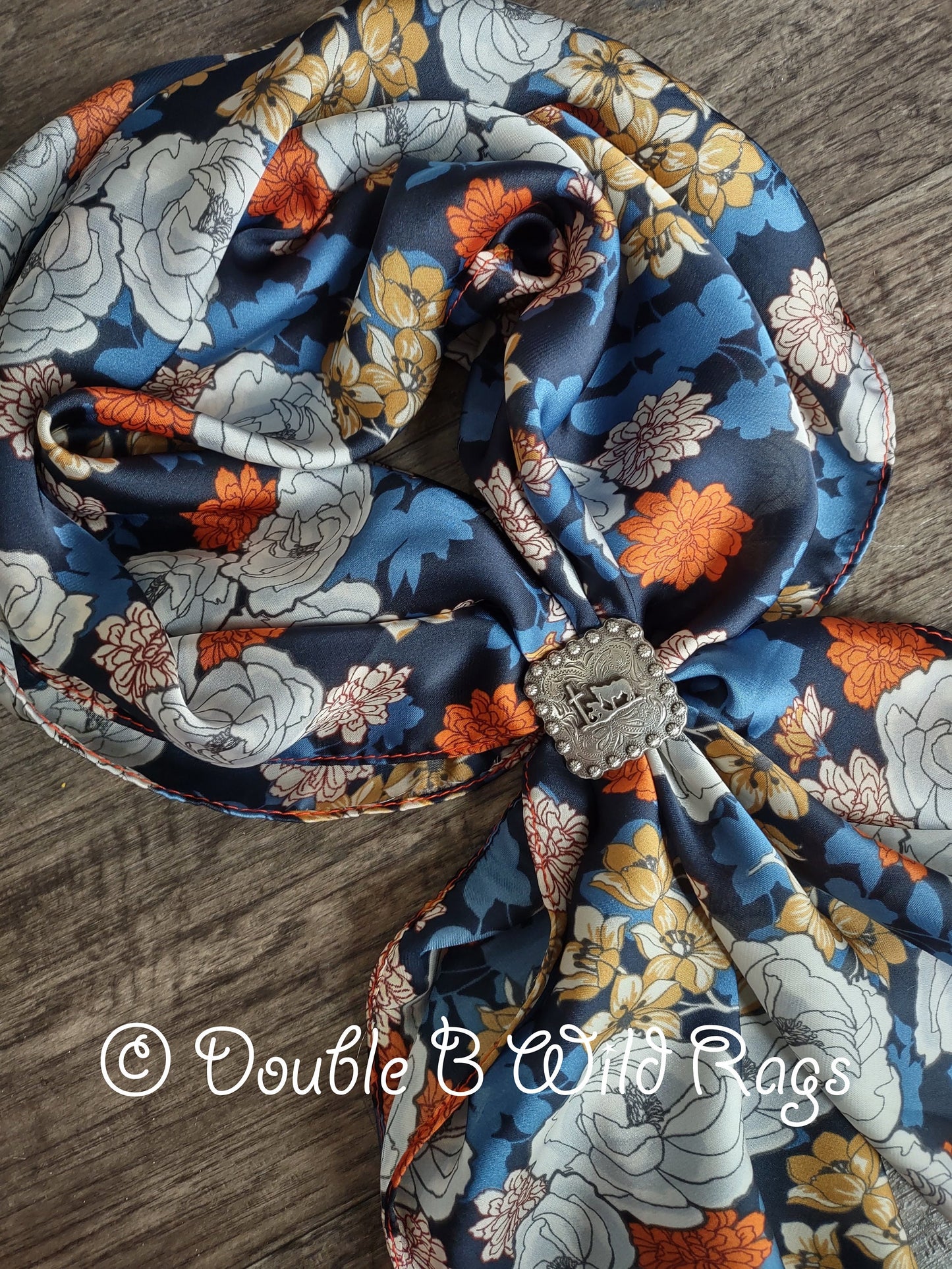 Wild Rag FLORAL 705 Dark Rust Orange and Navy Blue Floral Cowboy Western Neck Scarf Bandanna by Double B Wild Rags