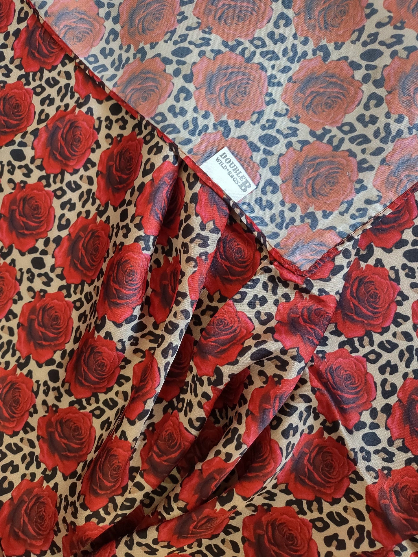 WILD RAG Cheetah and Deep Red Roses Cowboy Western Neck Scarf Bandanna by Double B Wild Rags