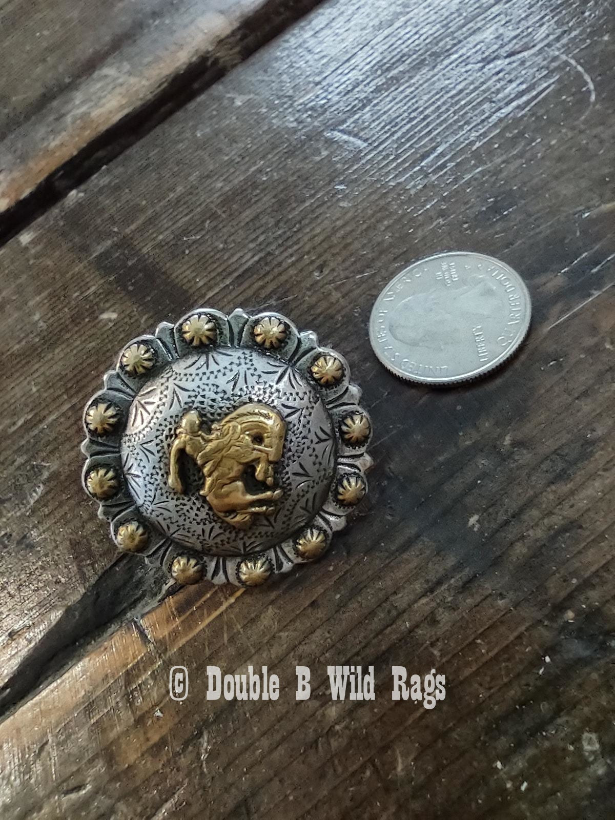 WILD RAG SLIDE 1-1/2" Antique Gold Western Bucking Bronco Rider Engraved Berry Concho by Double B Wild Rags