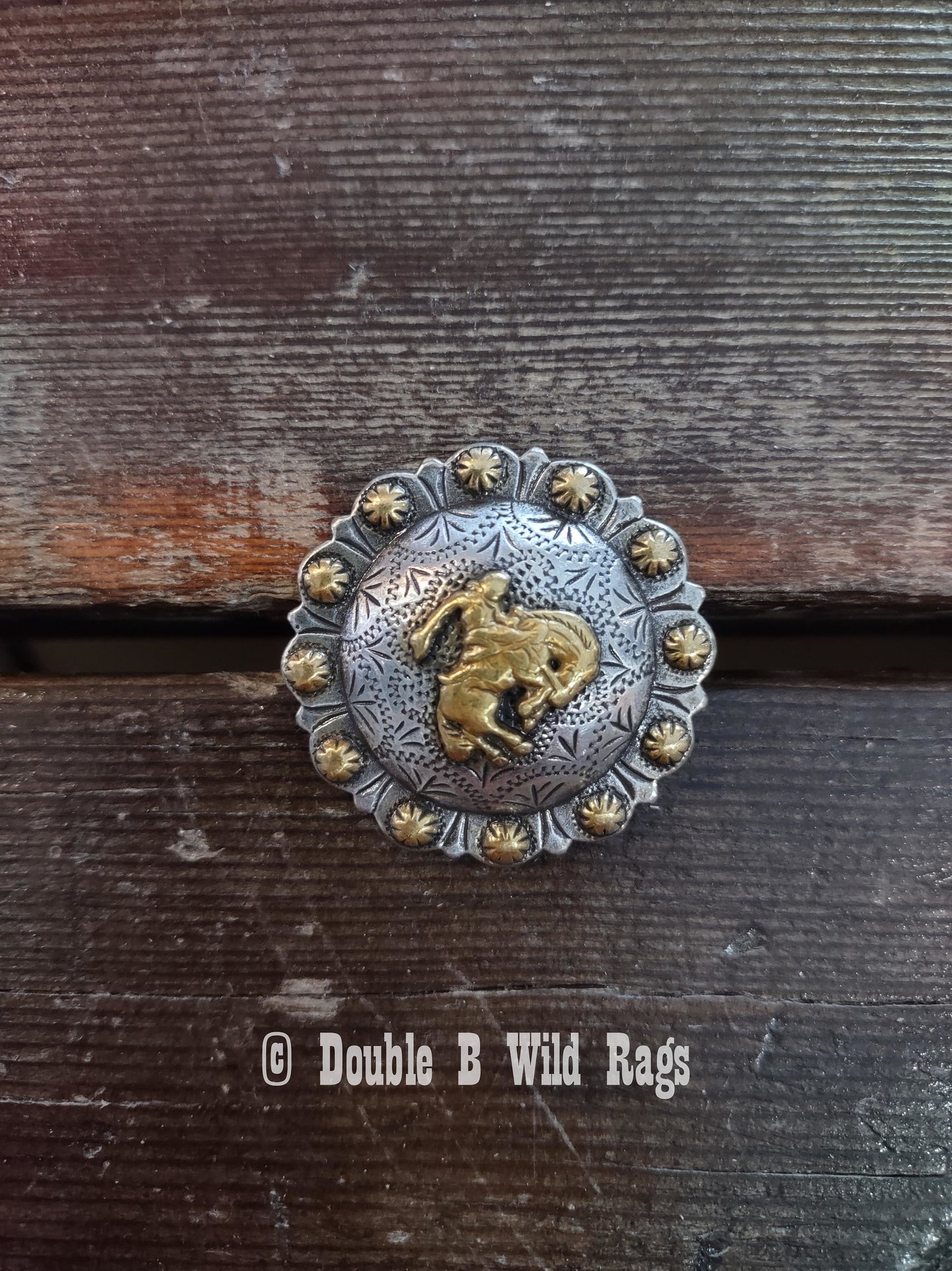 WILD RAG SLIDE 1-1/2" Antique Gold Western Bucking Bronco Rider Engraved Berry Concho by Double B Wild Rags