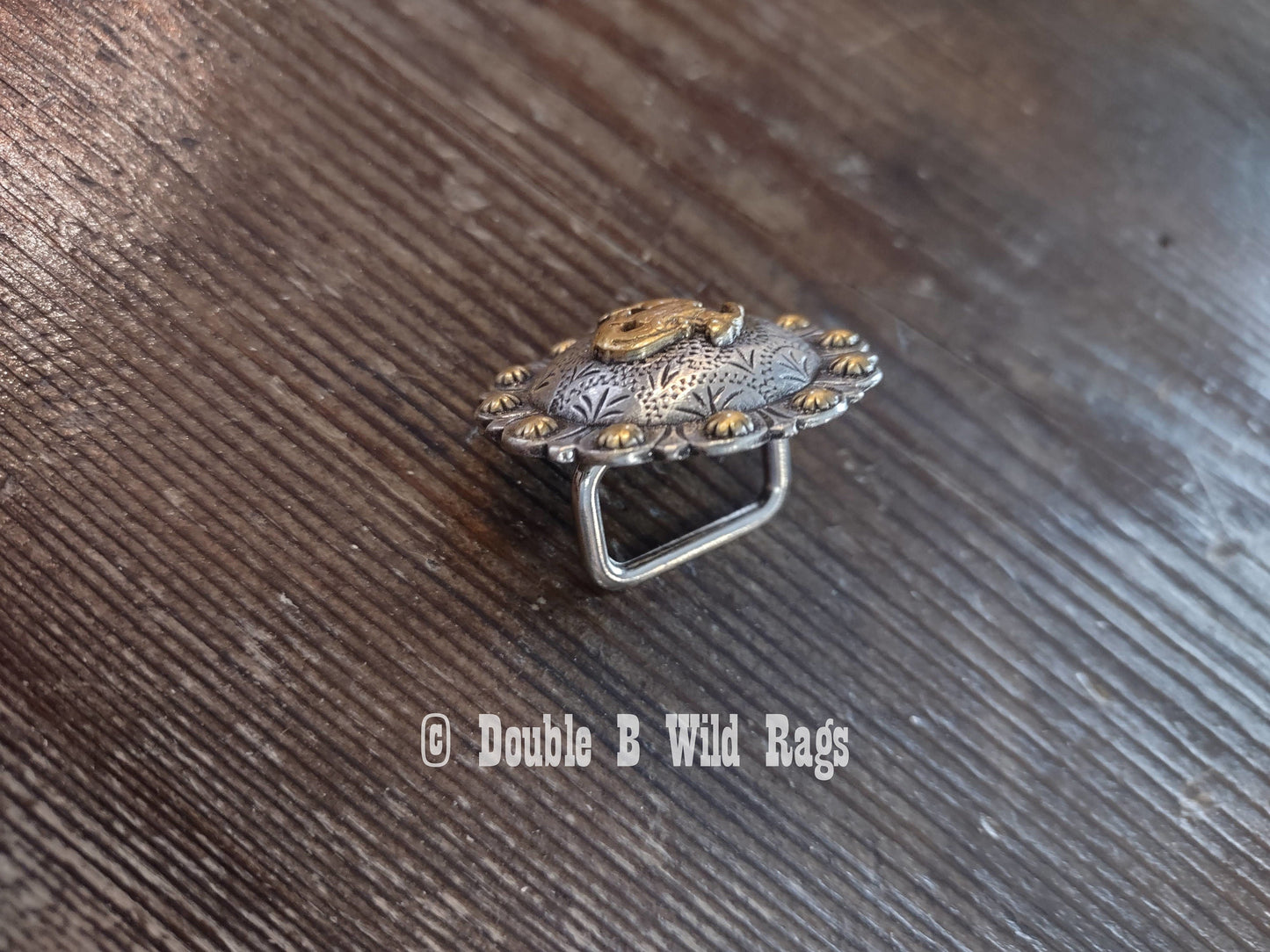 WILD RAG SLIDE 1-1/2" Antique Gold Western Bucking Bronco Rider Engraved Berry Concho by Double B Wild Rags