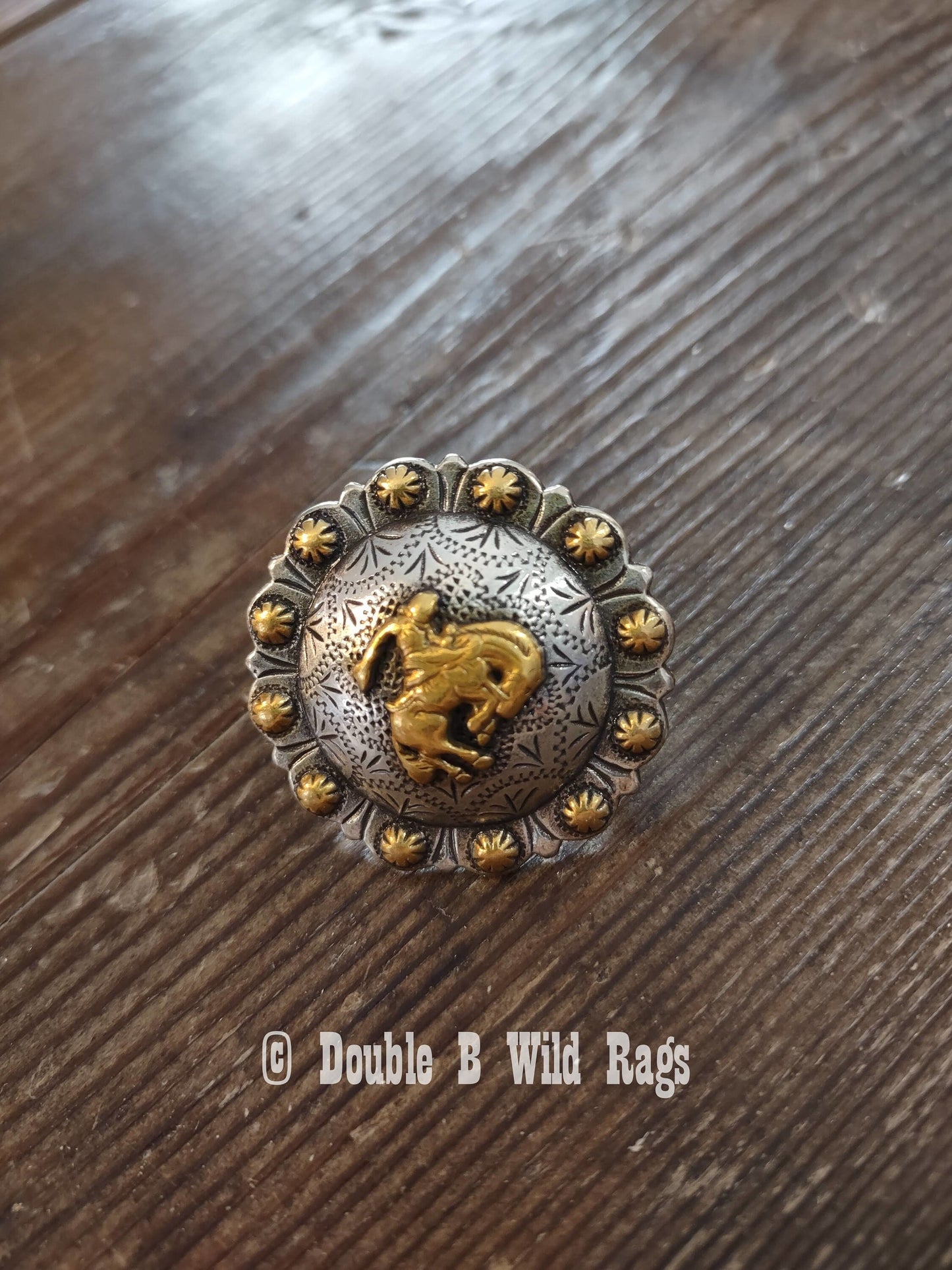 WILD RAG SLIDE 1-1/2" Antique Gold Western Bucking Bronco Rider Engraved Berry Concho by Double B Wild Rags
