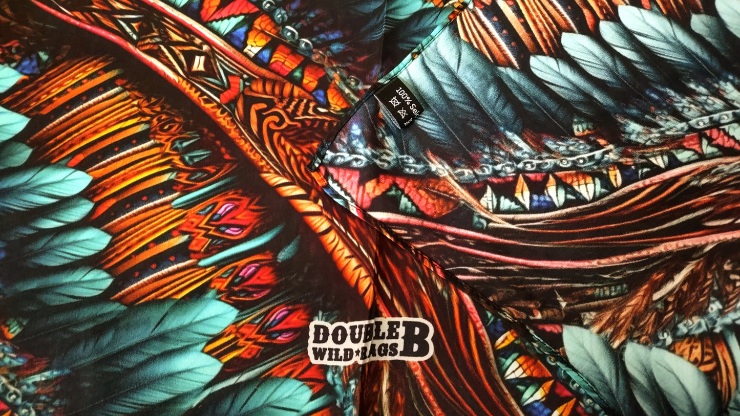 Wild Rag 100% SILK Native Teal and Gold Feather Cowboy Western Neck Scarf Bandanna by Double B Wild Rags