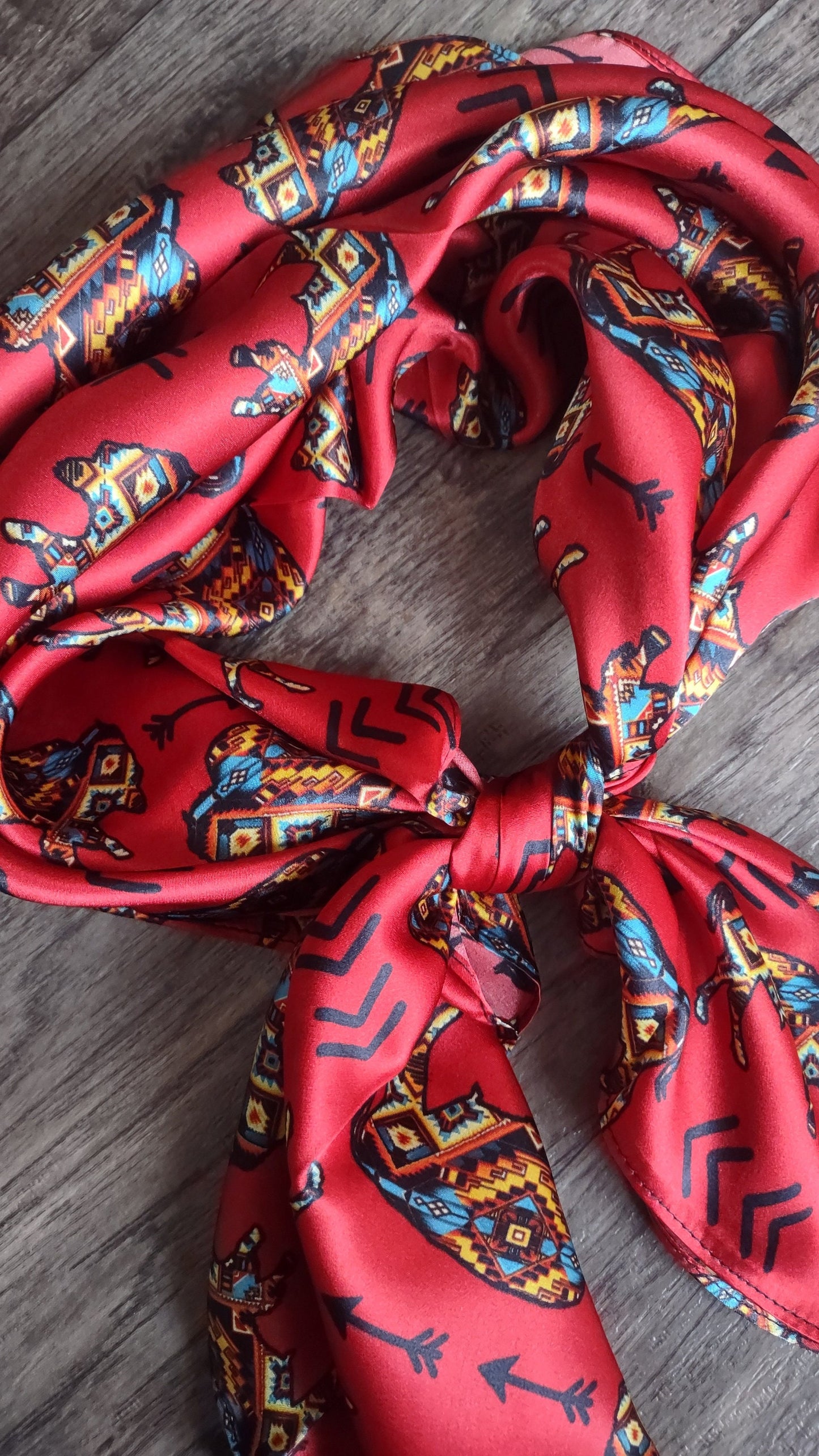 Silk Wild Rag Red Aztec Bison Buffalo and Arrows by Double B Wild Rags