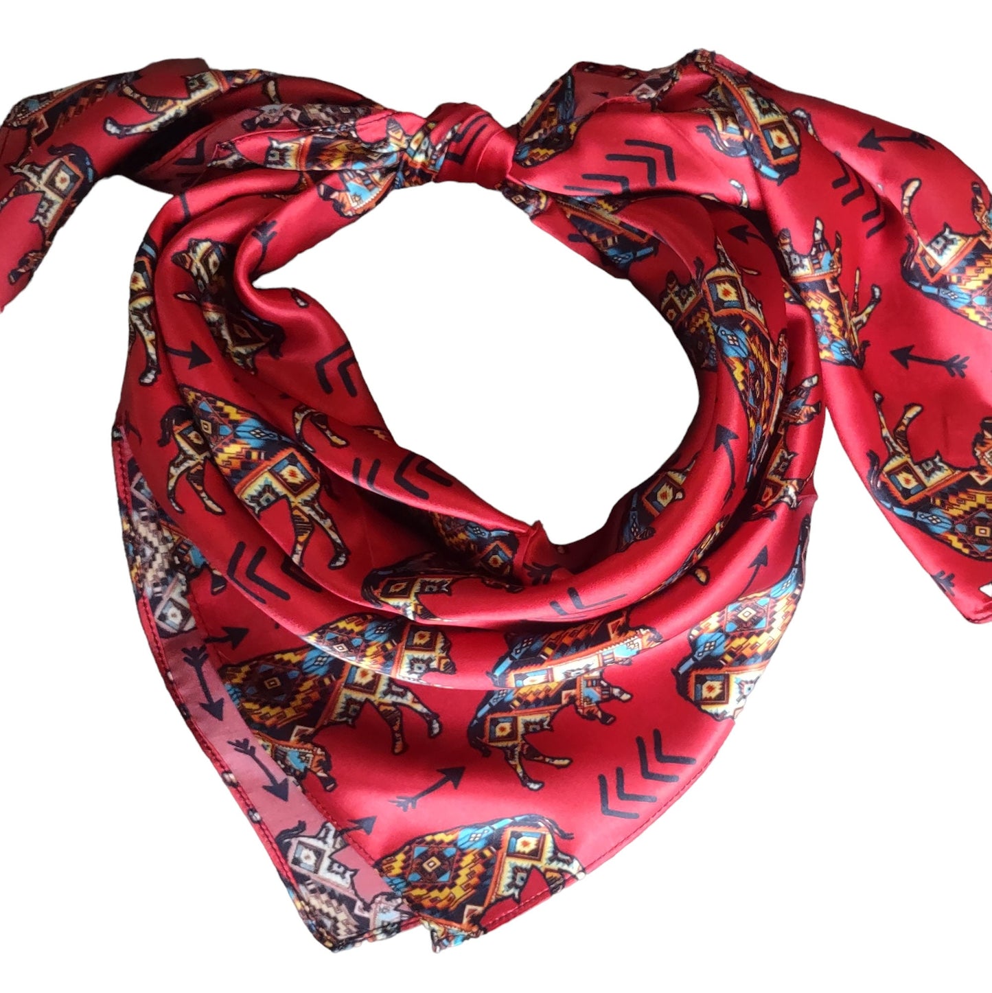 Silk Wild Rag Red Aztec Bison Buffalo and Arrows by Double B Wild Rags