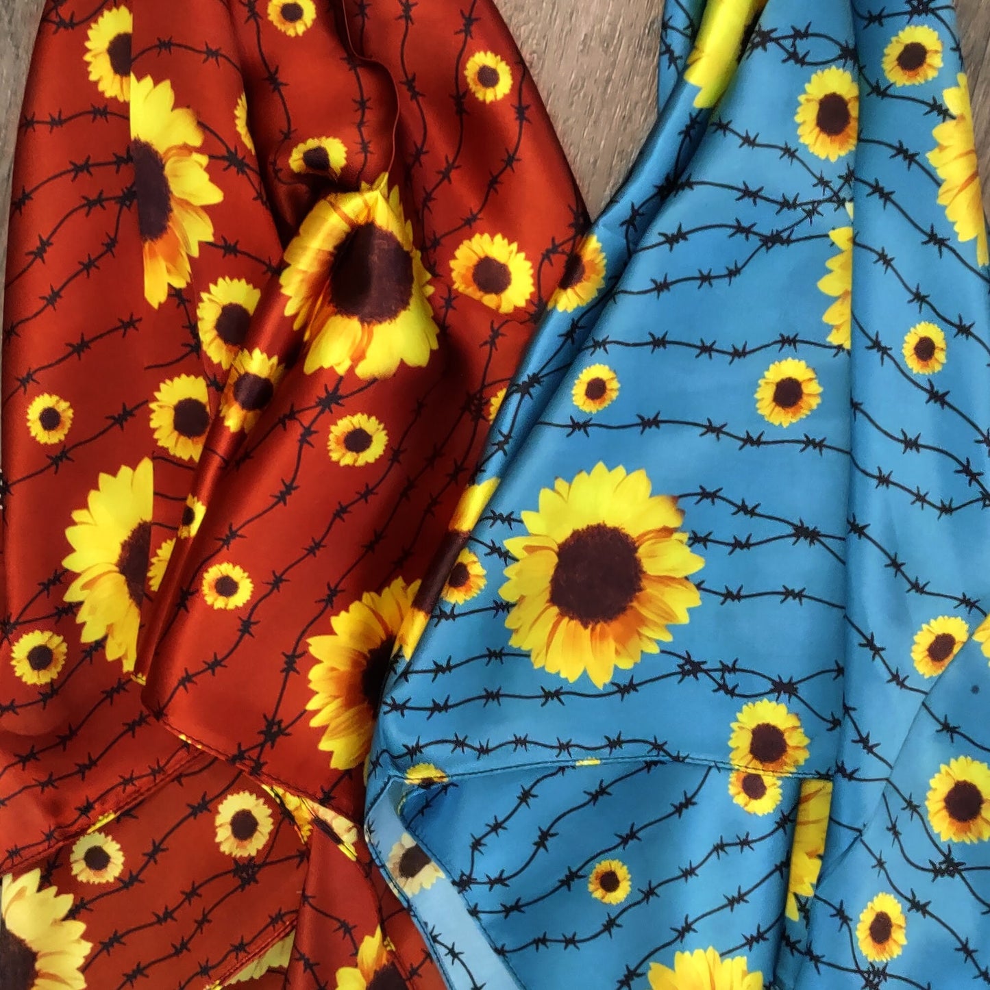 Wild Rag 100% SILK Deep Red, Sunflowers and Barbed Wire Cowboy Neck Scarf Bandanna by Double B Wild Rags