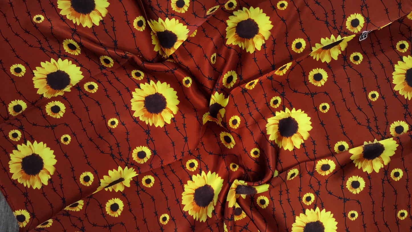 Wild Rag 100% SILK Deep Red, Sunflowers and Barbed Wire Cowboy Neck Scarf Bandanna by Double B Wild Rags