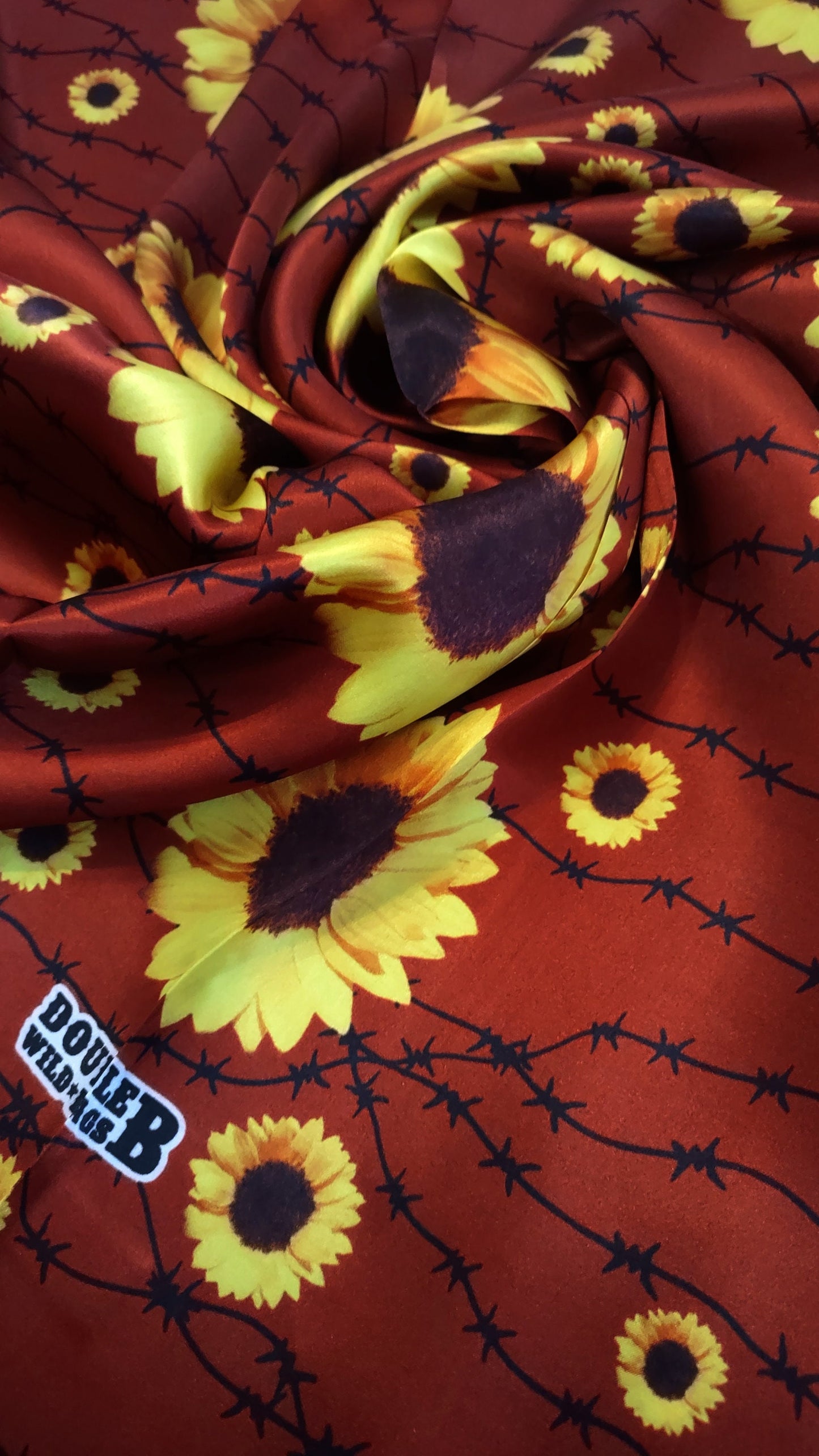 Wild Rag 100% SILK Deep Red, Sunflowers and Barbed Wire Cowboy Neck Scarf Bandanna by Double B Wild Rags