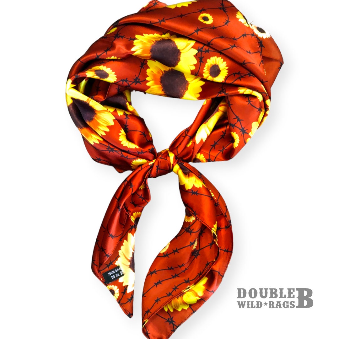 Wild Rag 100% SILK Deep Red, Sunflowers and Barbed Wire Cowboy Neck Scarf Bandanna by Double B Wild Rags