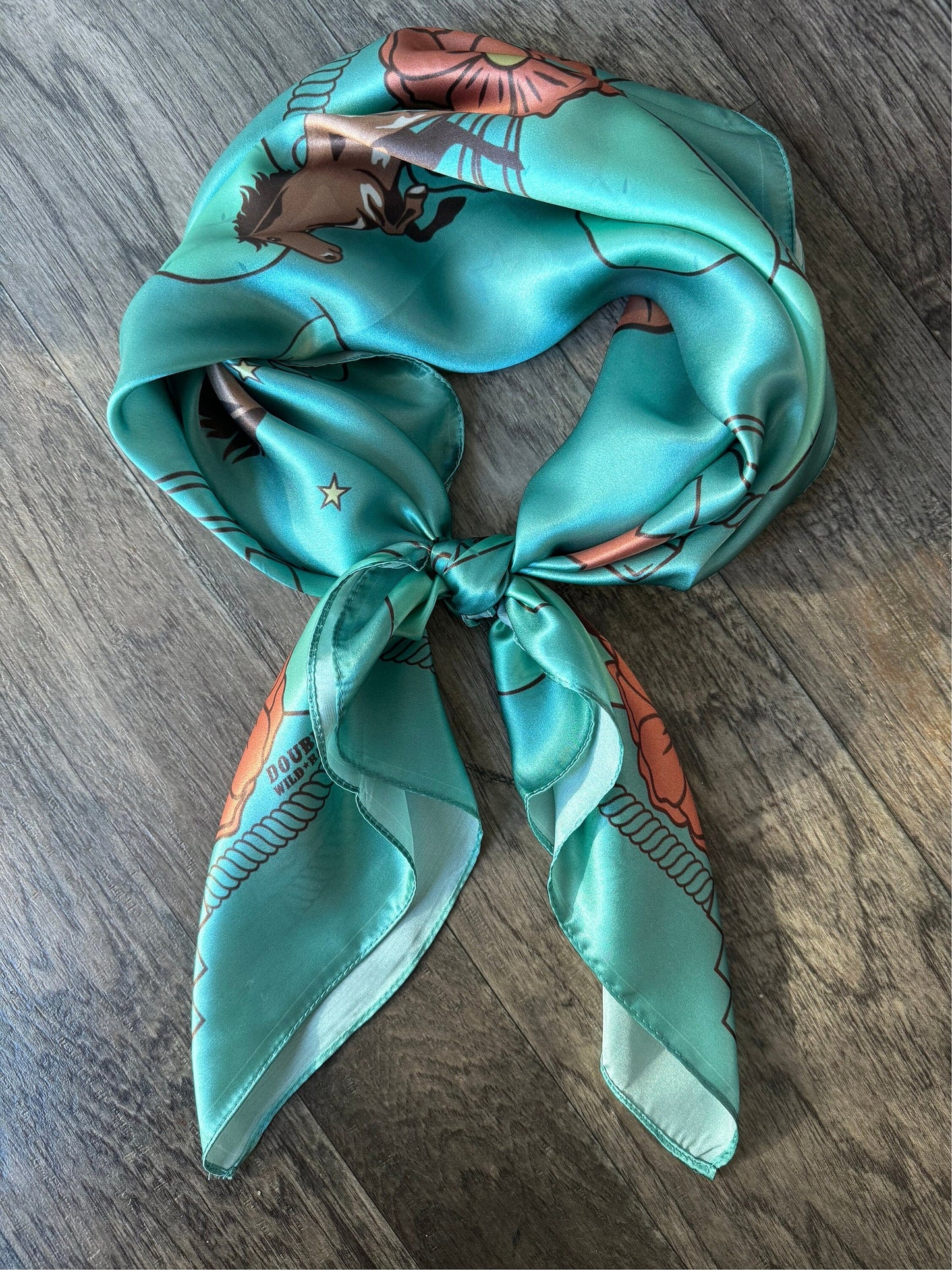 Wild Rag 100% SILK Soft Teal Blue Desert Mustang horse and Cactus Cowboy Neck Scarf Bandanna by Double B Wild Rags