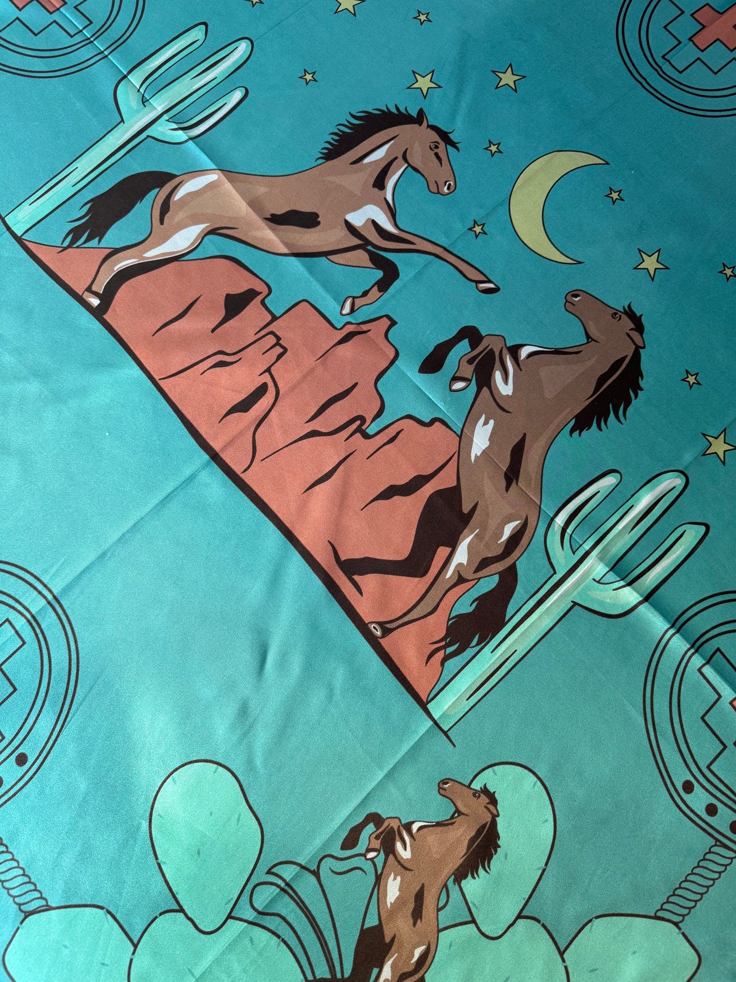 Wild Rag 100% SILK Soft Teal Blue Desert Mustang horse and Cactus Cowboy Neck Scarf Bandanna by Double B Wild Rags