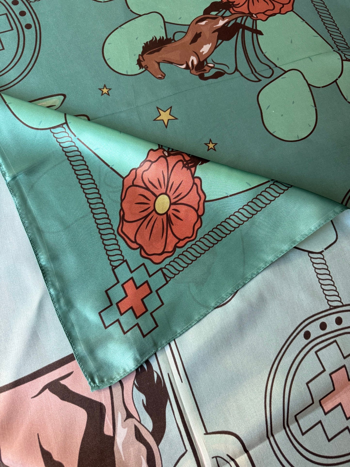 Wild Rag 100% SILK Soft Teal Blue Desert Mustang horse and Cactus Cowboy Neck Scarf Bandanna by Double B Wild Rags