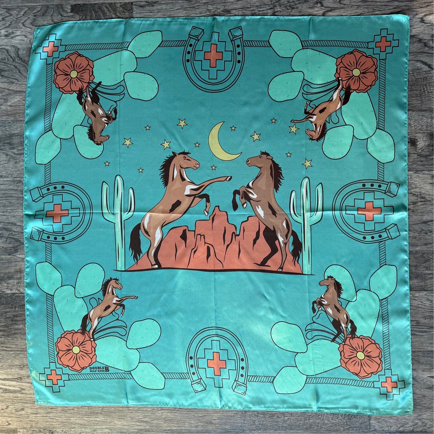Wild Rag 100% SILK Soft Teal Blue Desert Mustang horse and Cactus Cowboy Neck Scarf Bandanna by Double B Wild Rags