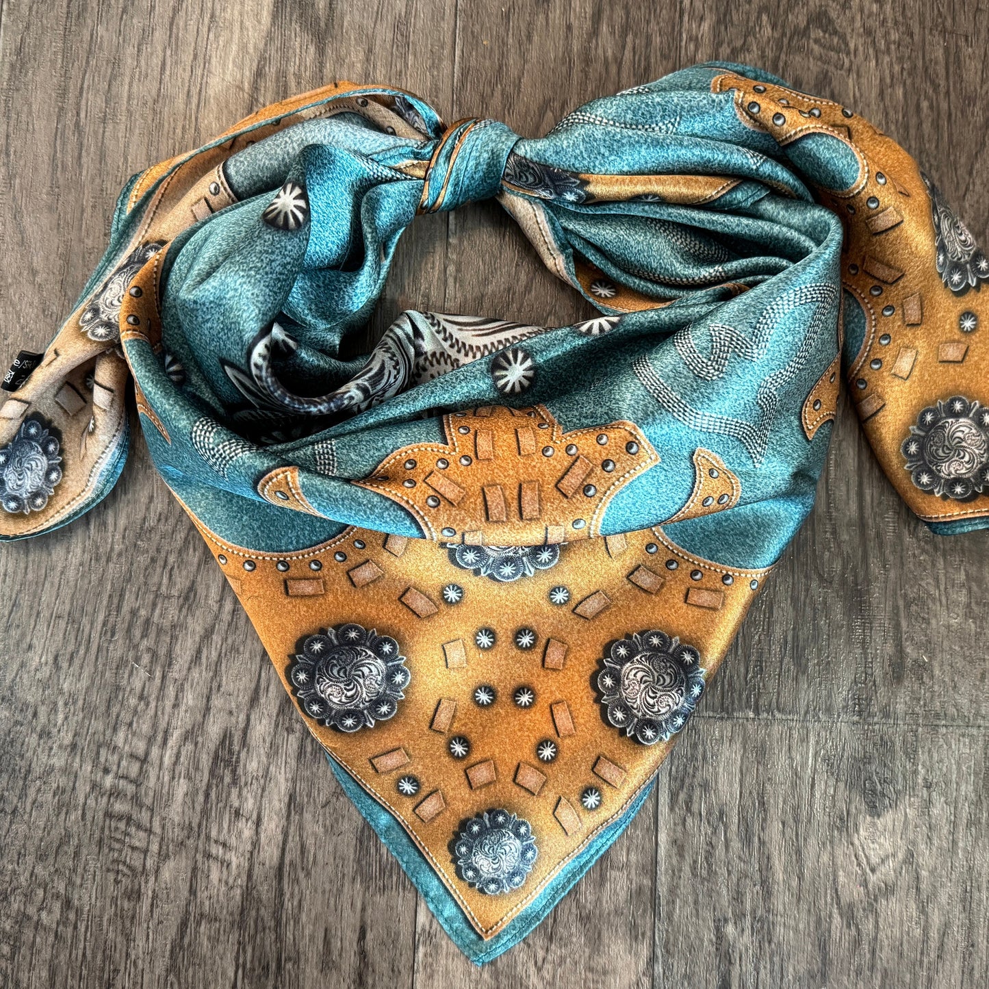 100% Silk Wild Rag Dusty Blue suede leather and conchos with boot stitch accents by Double B Wild Rags