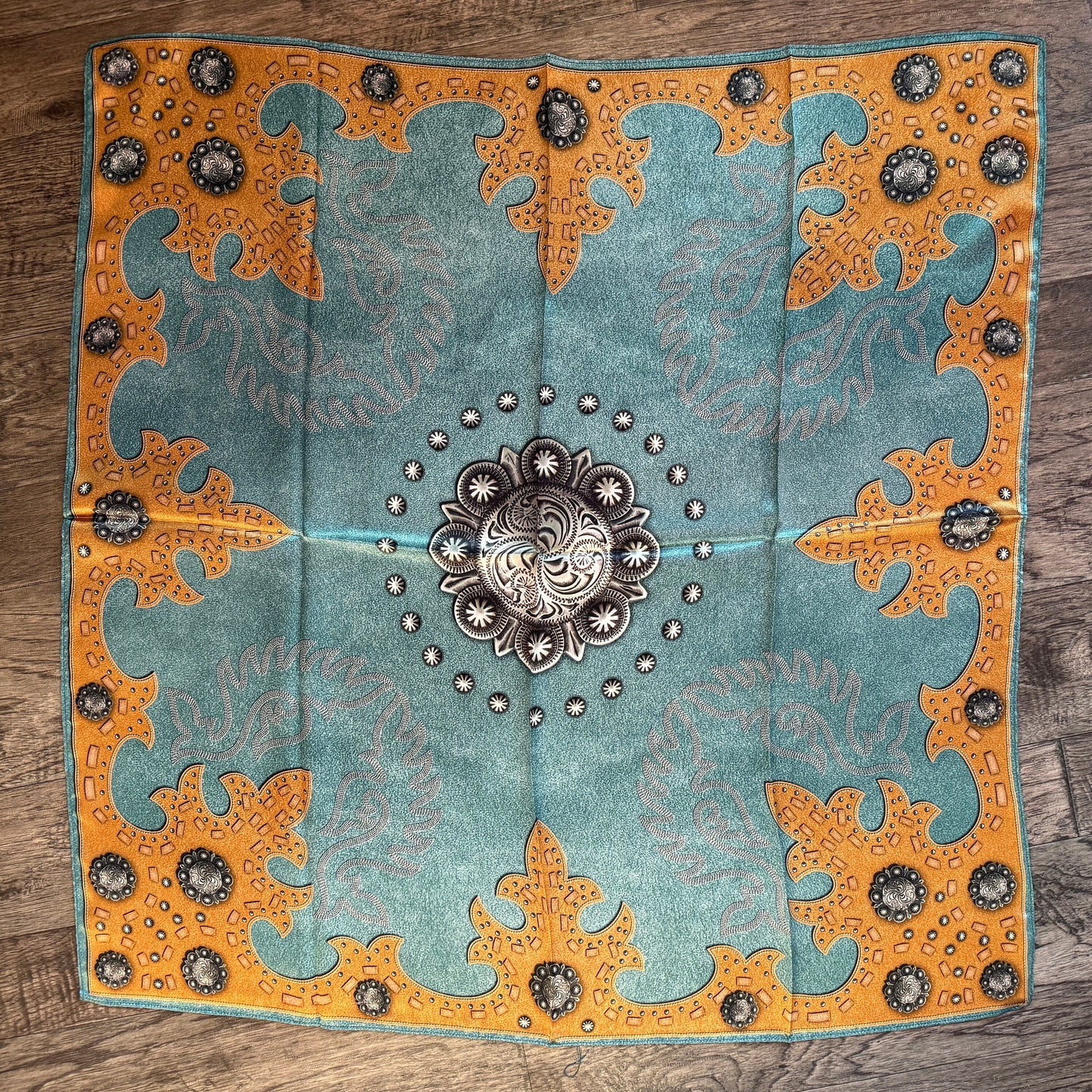 100% Silk Wild Rag Dusty Blue suede leather and conchos with boot stitch accents by Double B Wild Rags