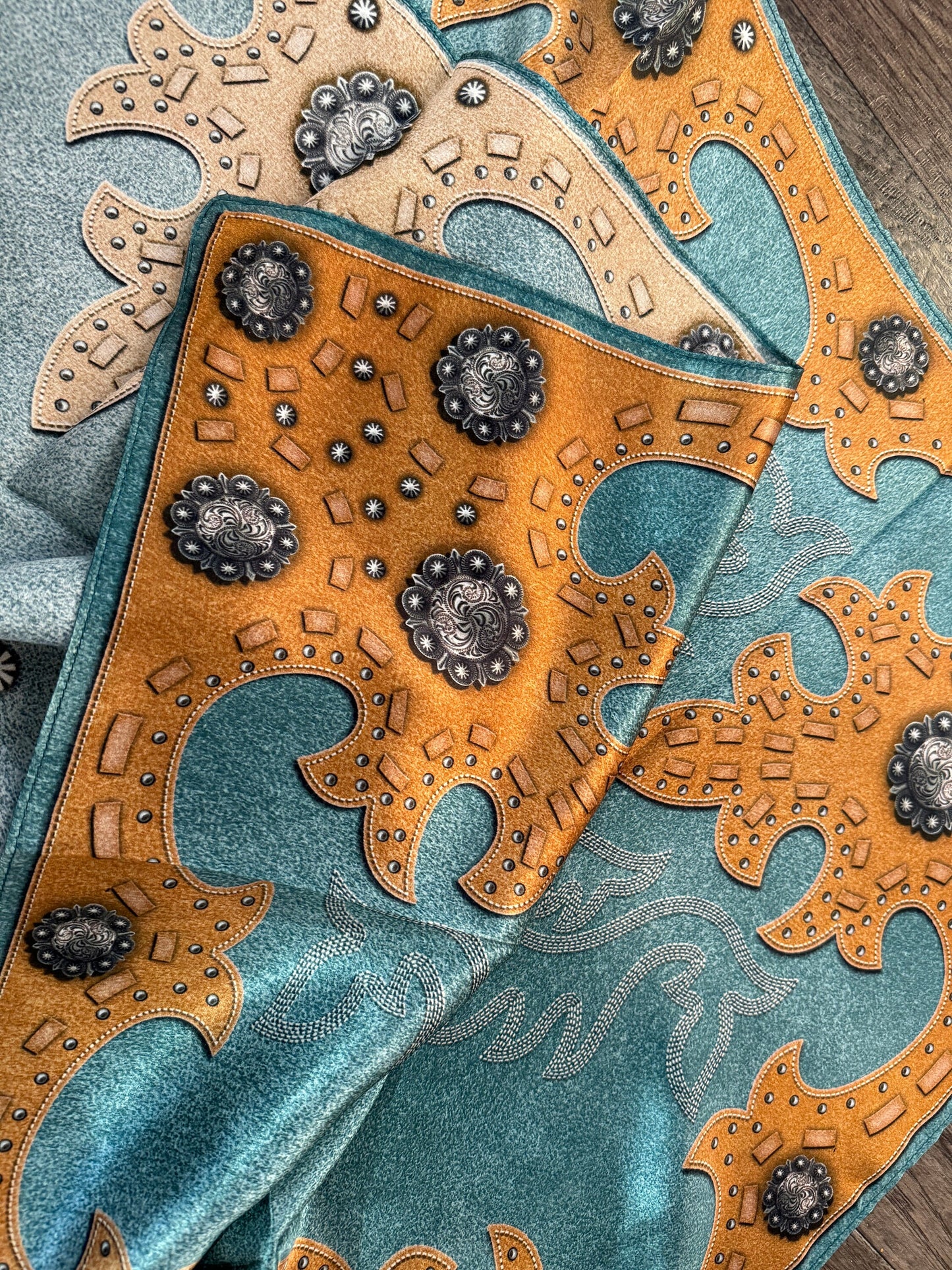 100% Silk Wild Rag Dusty Blue suede leather and conchos with boot stitch accents by Double B Wild Rags