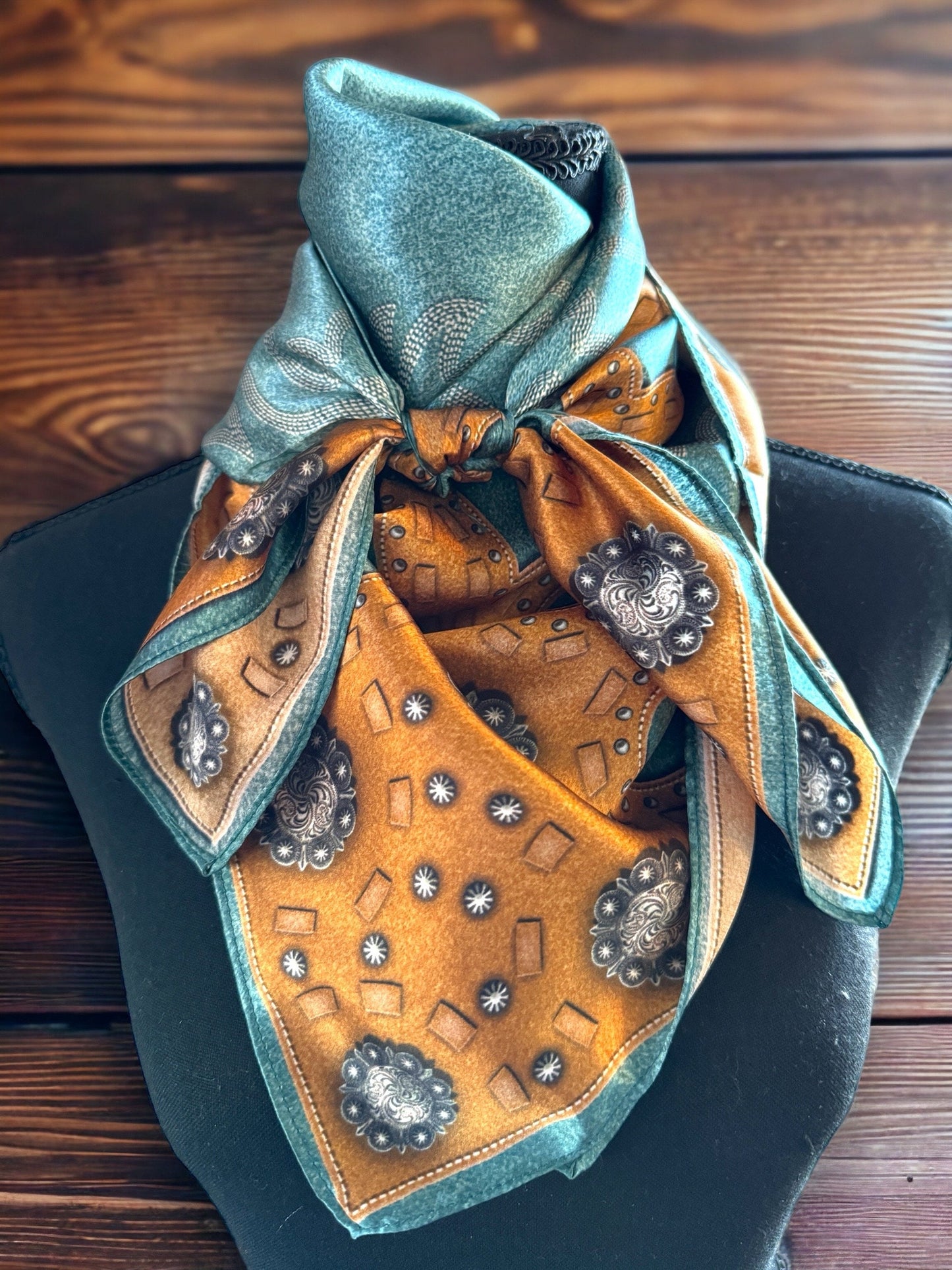 100% Silk Wild Rag Dusty Blue suede leather and conchos with boot stitch accents by Double B Wild Rags
