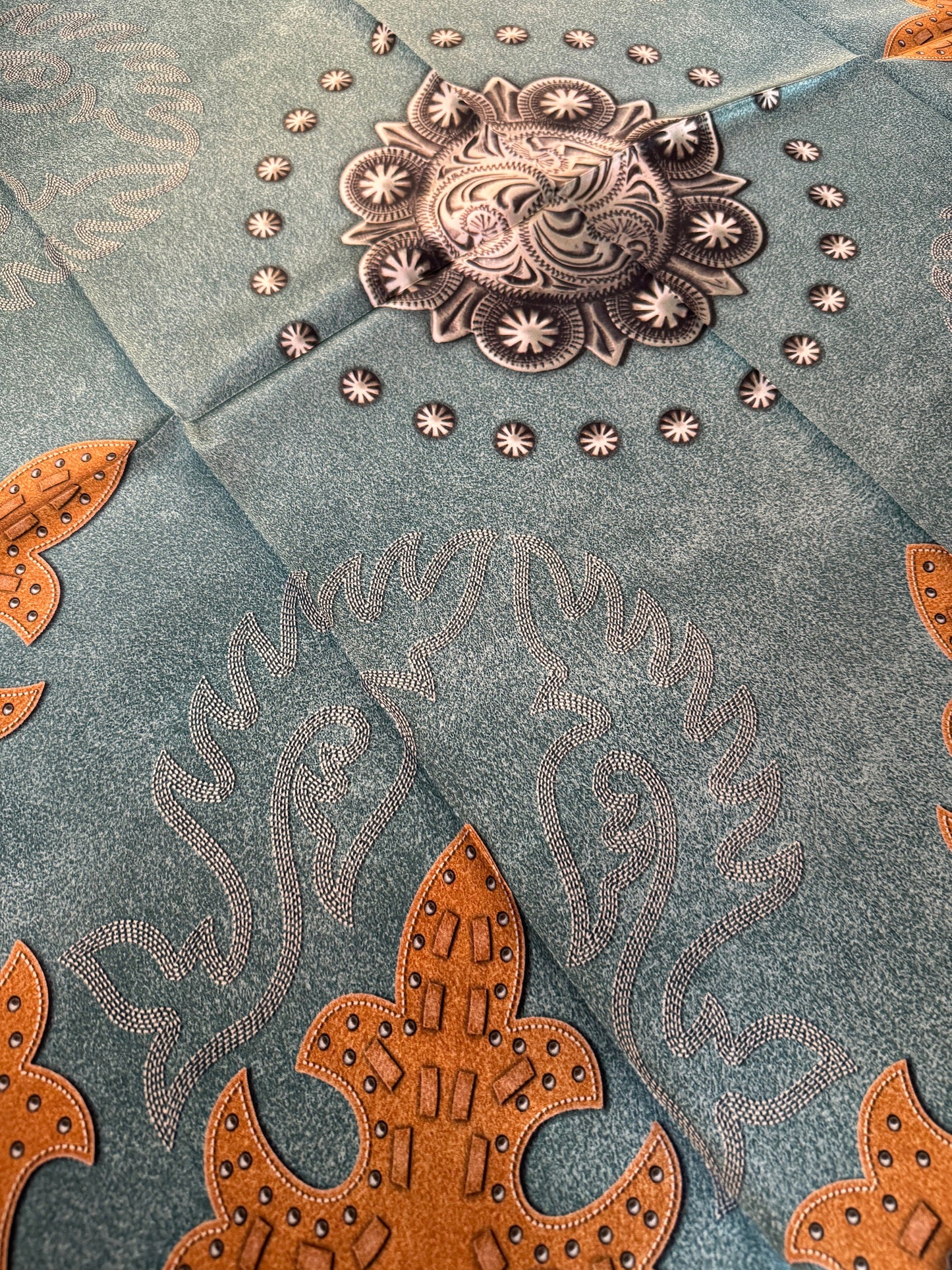 100% Silk Wild Rag Dusty Blue suede leather and conchos with boot stitch accents by Double B Wild Rags