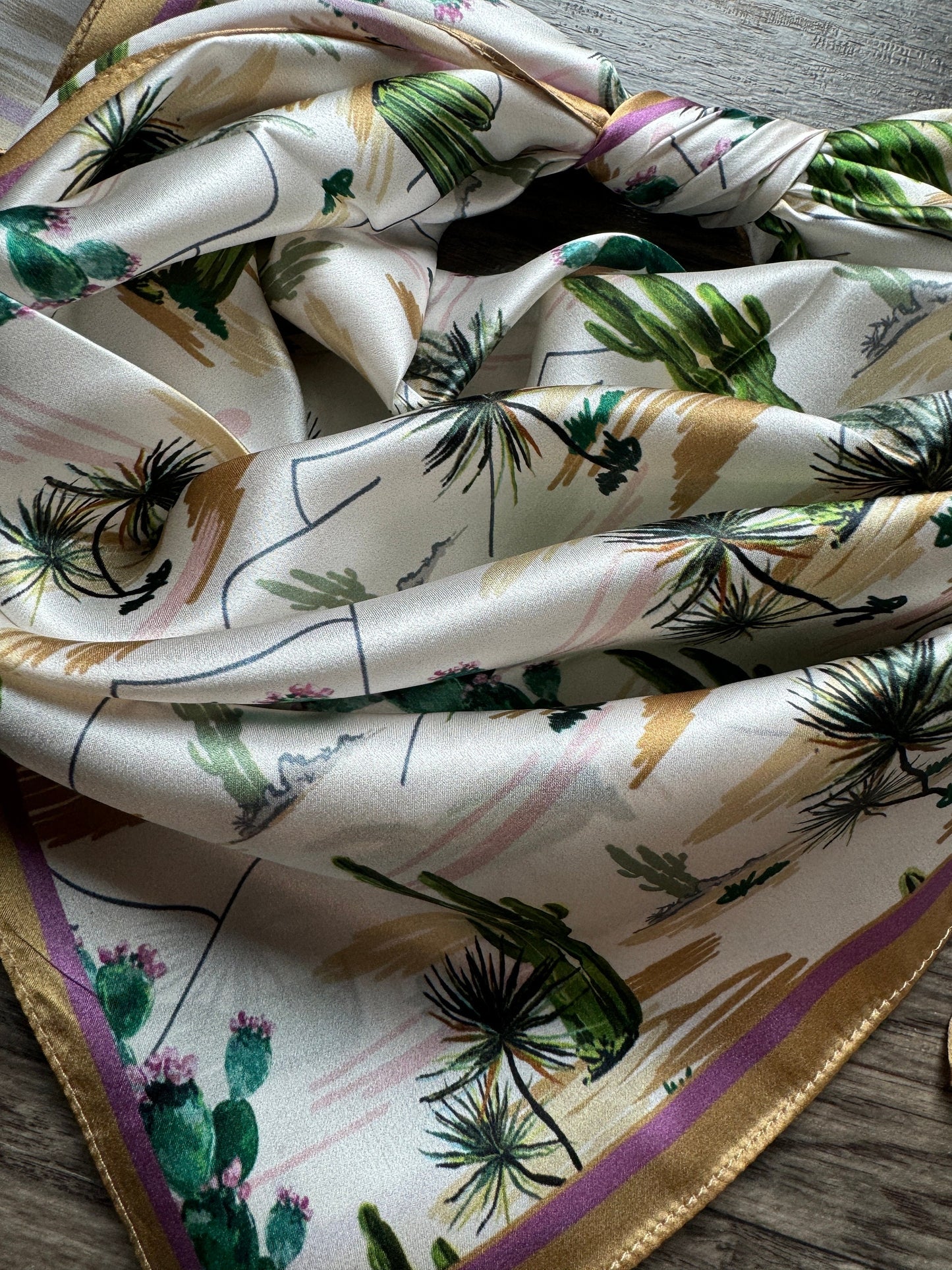 100% Silk Wild Rag Green and Gold Vintage Desert cactus by Double B Wild Rags