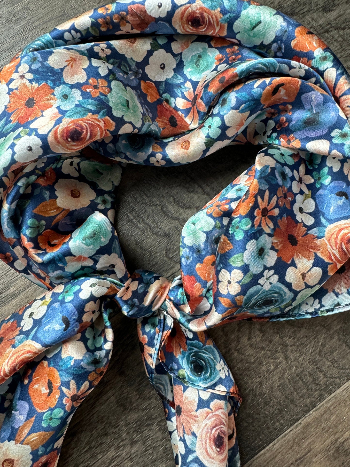 100% Silk Wild Rag Dainty Navy Orange and mint green floral by Double B Wild Rags