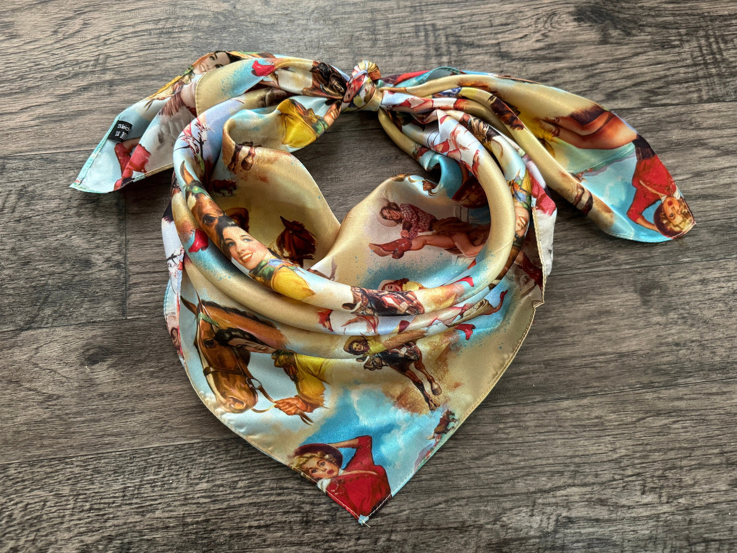 100% Silk Wild Rag yellow vintage pin up cowgirls by Double B Wild Rags