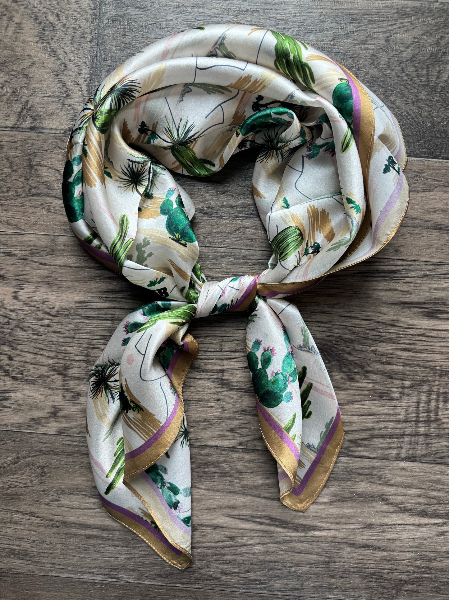 100% Silk Wild Rag Green and Gold Vintage Desert cactus by Double B Wild Rags
