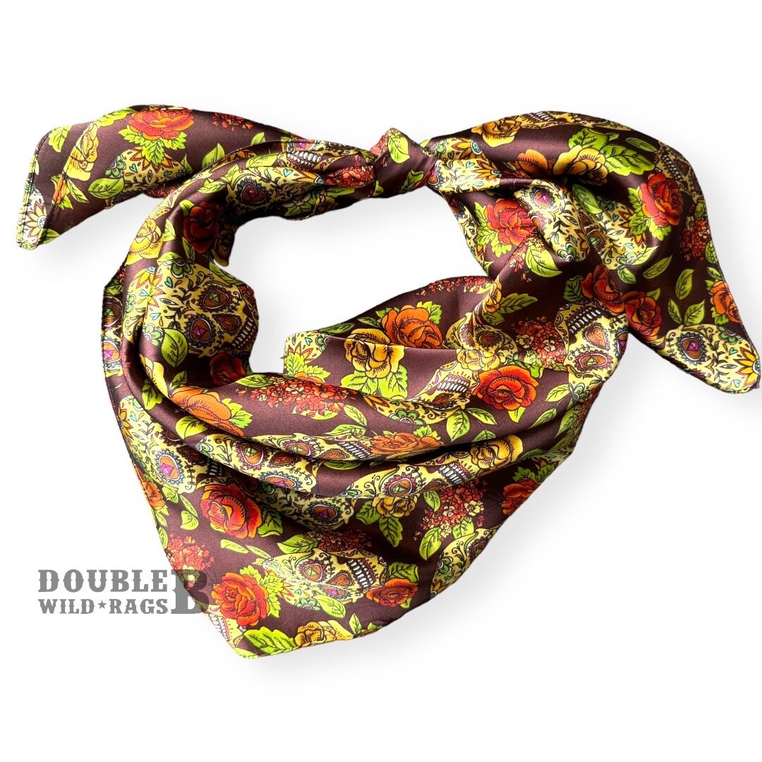 Wild Rag Brown and Gold Skull with Spanish Rose Western Neck Scarf Bandanna by Double B Wild Rags