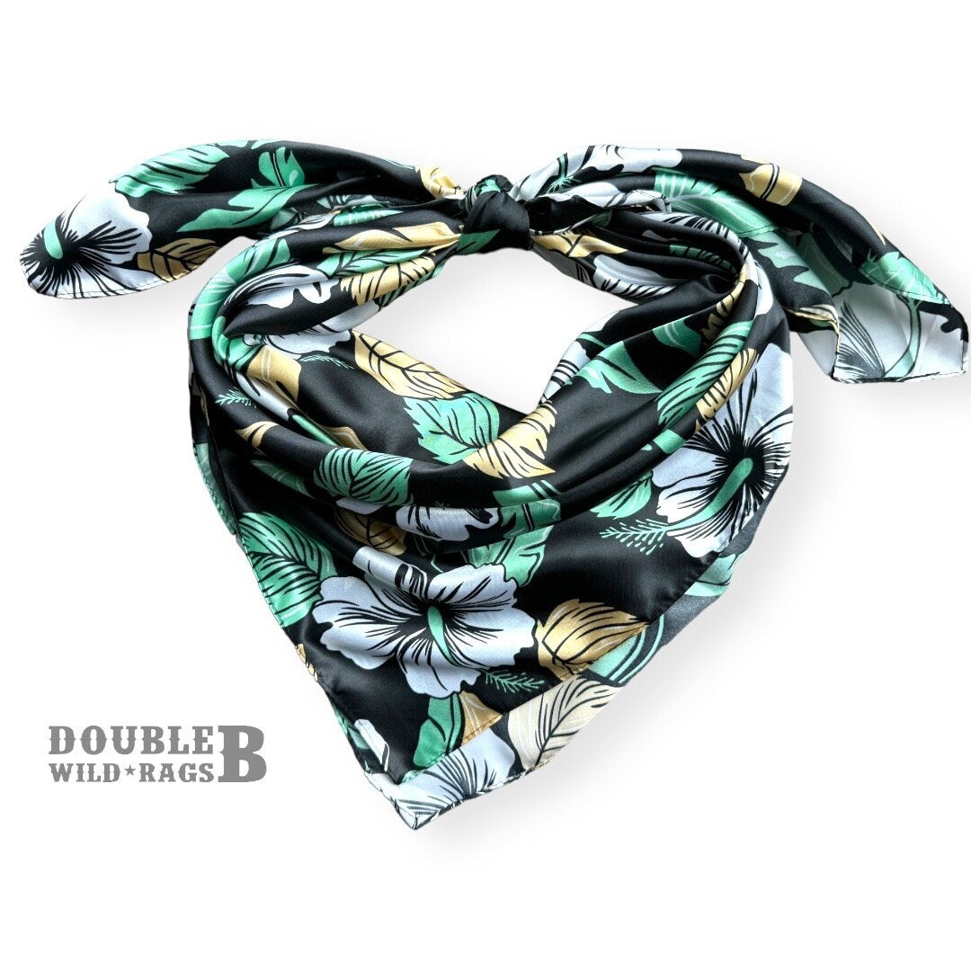 Black square scarf with white light gold and green hibiscus flowers. soft and silky
