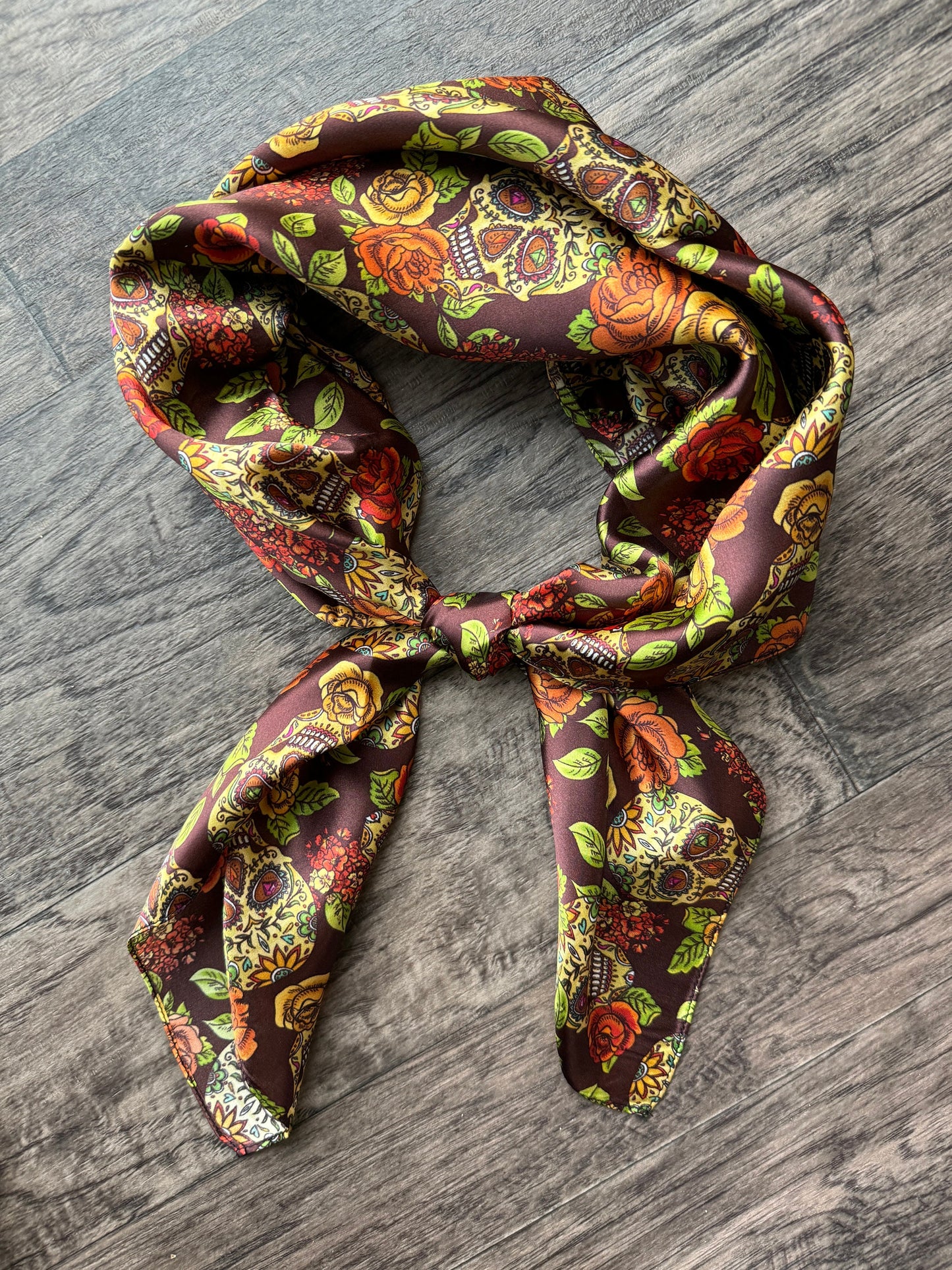 Wild Rag Brown and Gold Skull with Spanish Rose Western Neck Scarf Bandanna by Double B Wild Rags