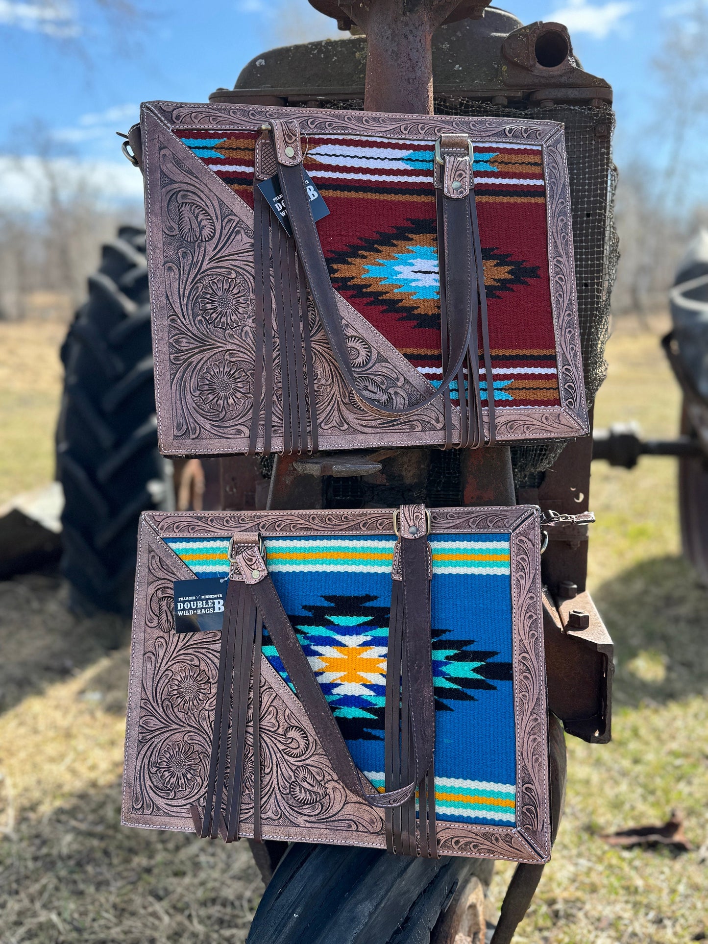 Western Conceal and Carry Blue Saddle Blanket Floral Tooled Dark Brown Leather briefcase rectangular shoulder handbag Double B Wild Rags