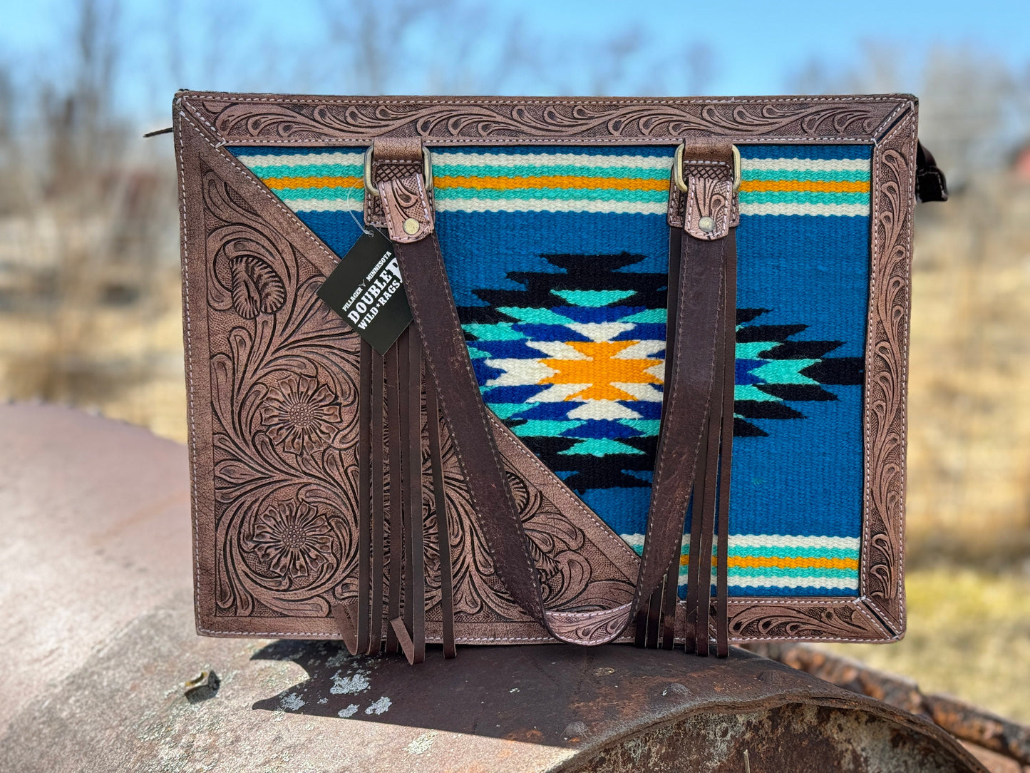 Western Conceal and Carry Blue Saddle Blanket Floral Tooled Dark Brown Leather briefcase rectangular shoulder handbag Double B Wild Rags