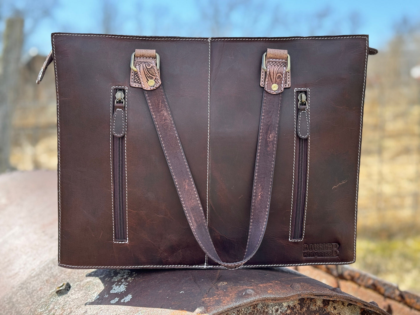 Western Conceal and Carry Blue Saddle Blanket Floral Tooled Dark Brown Leather briefcase rectangular shoulder handbag Double B Wild Rags