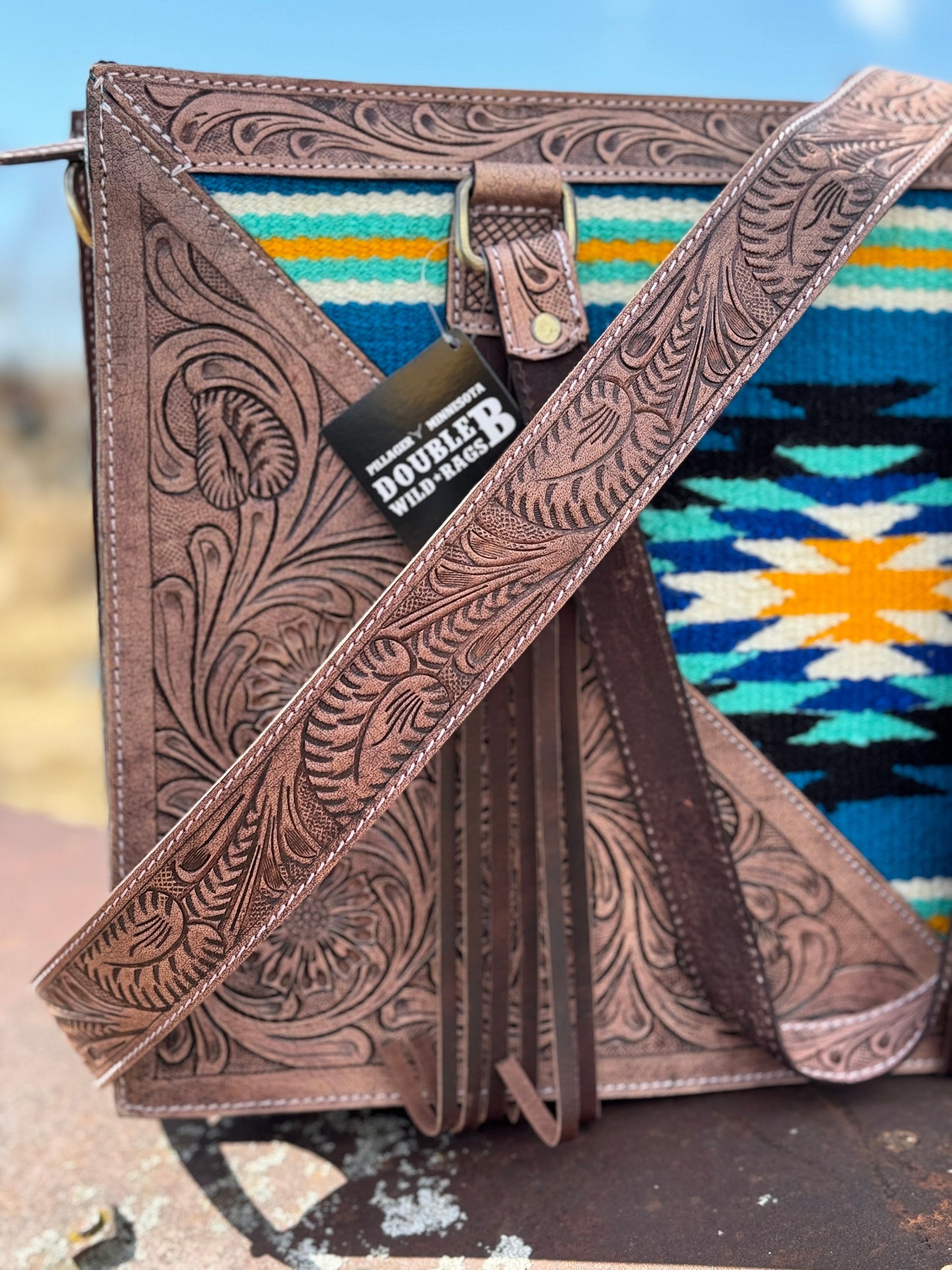 Western Conceal and Carry Blue Saddle Blanket Floral Tooled Dark Brown Leather briefcase rectangular shoulder handbag Double B Wild Rags