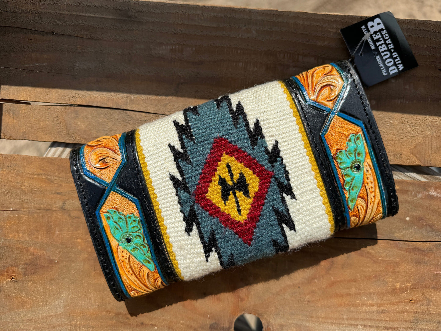 Western wallet with tooled floral leather and woven saddle blanket details by Double B Wild Rags