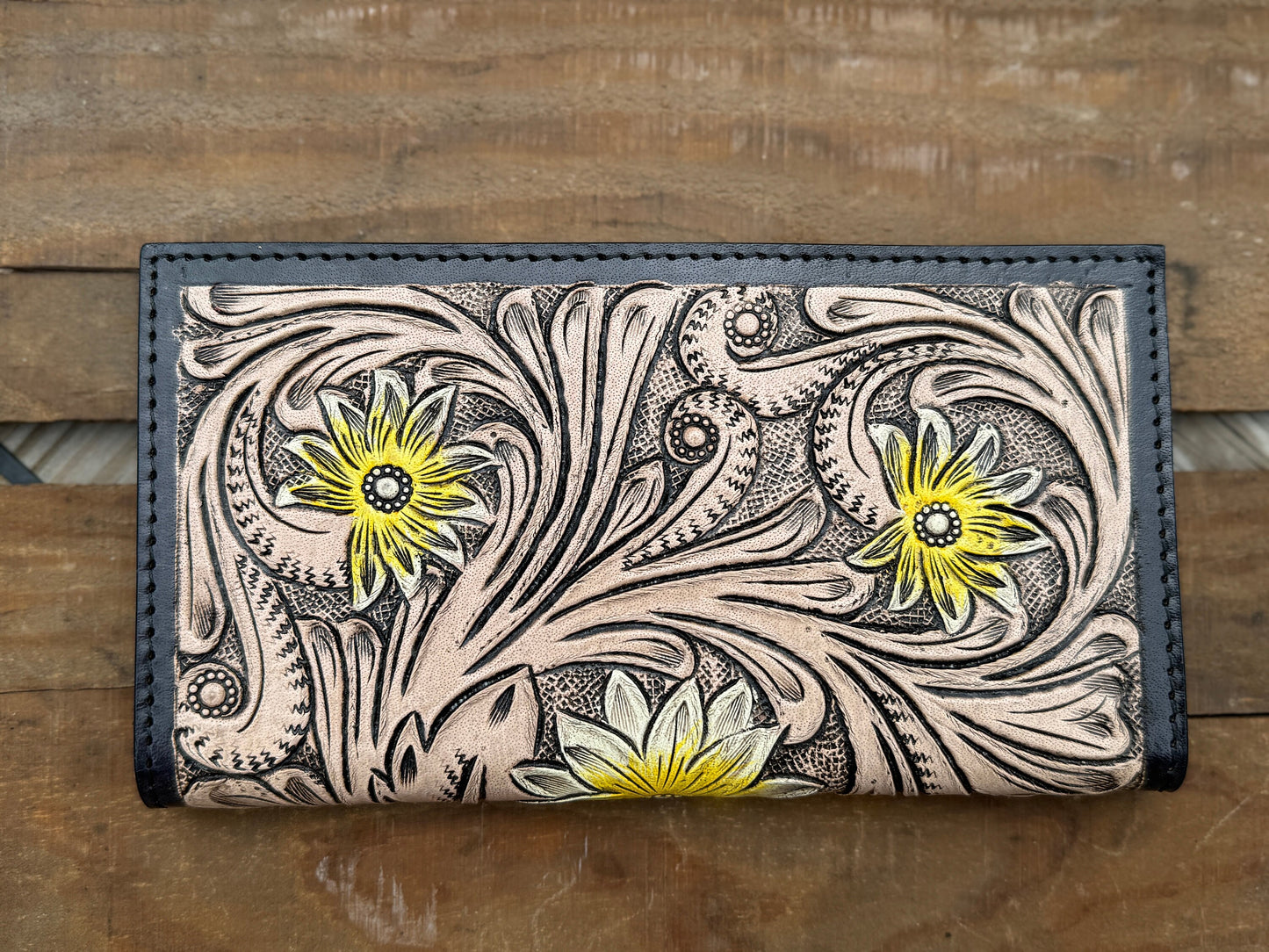 Western long wallet snap closure tooled floral leather details in black by Double B Wild Rags