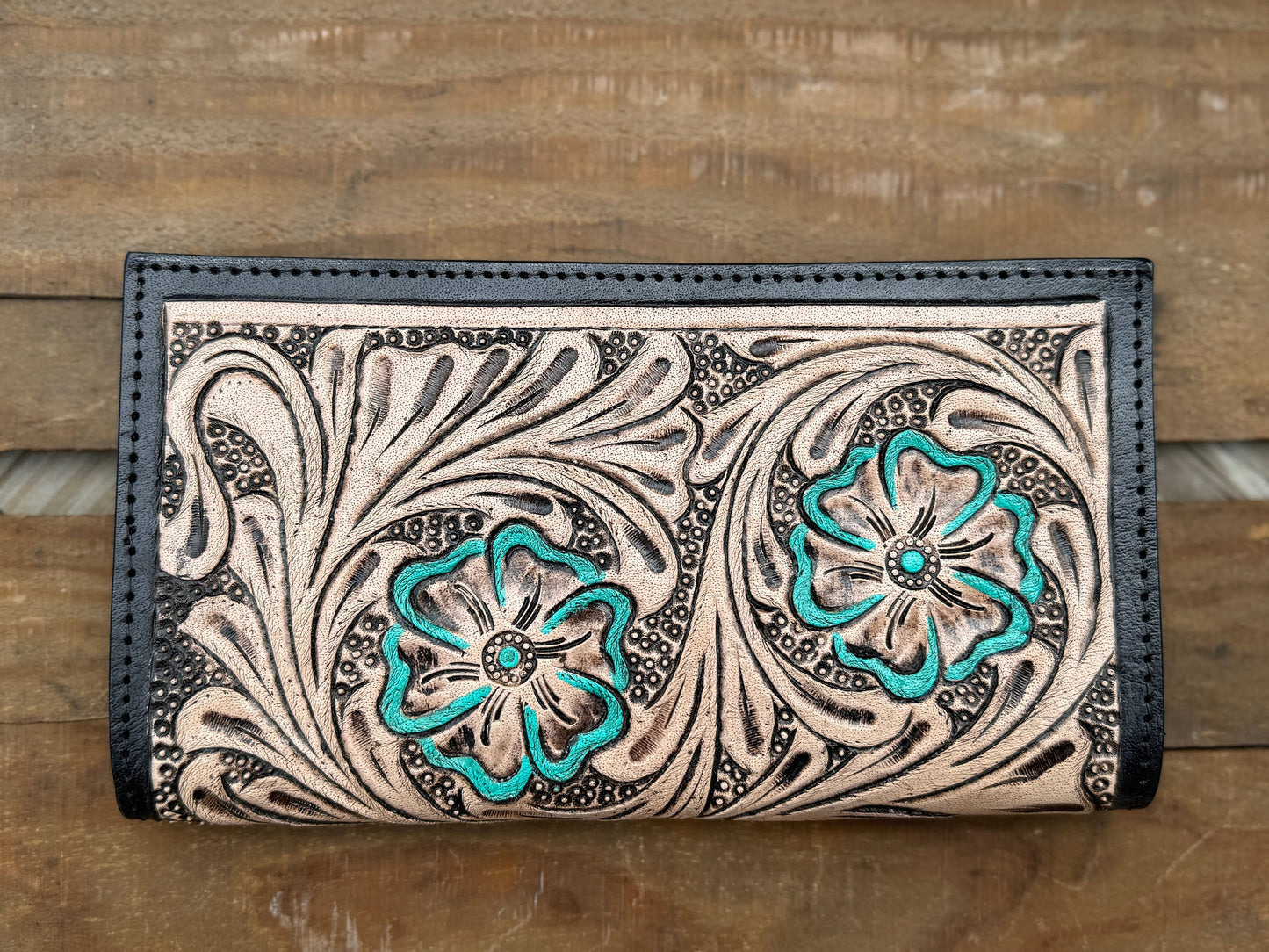 Western long wallet snap closure tooled floral leather details in black by Double B Wild Rags